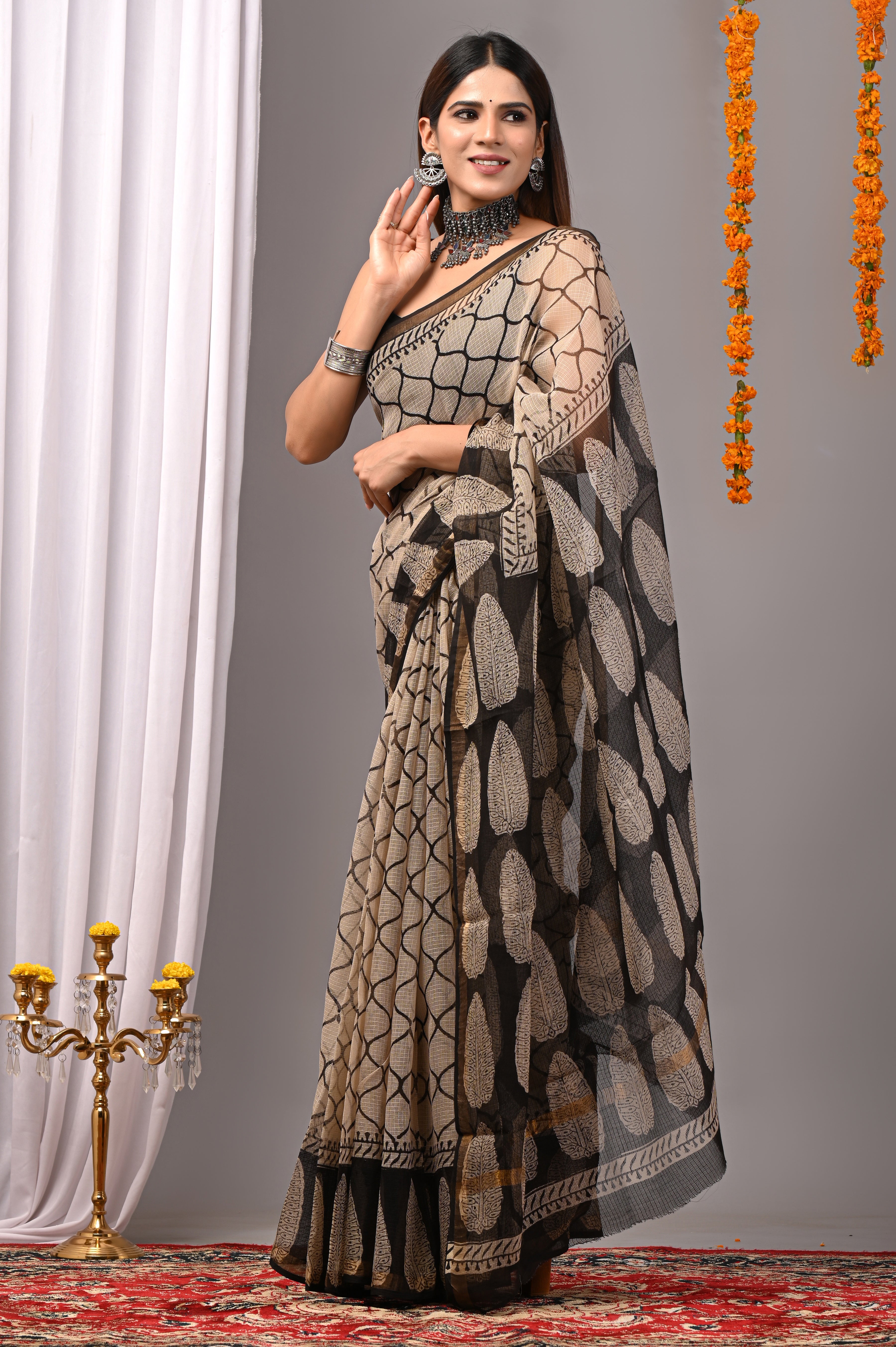 Beige & Black Leaf Kota Doria Saree