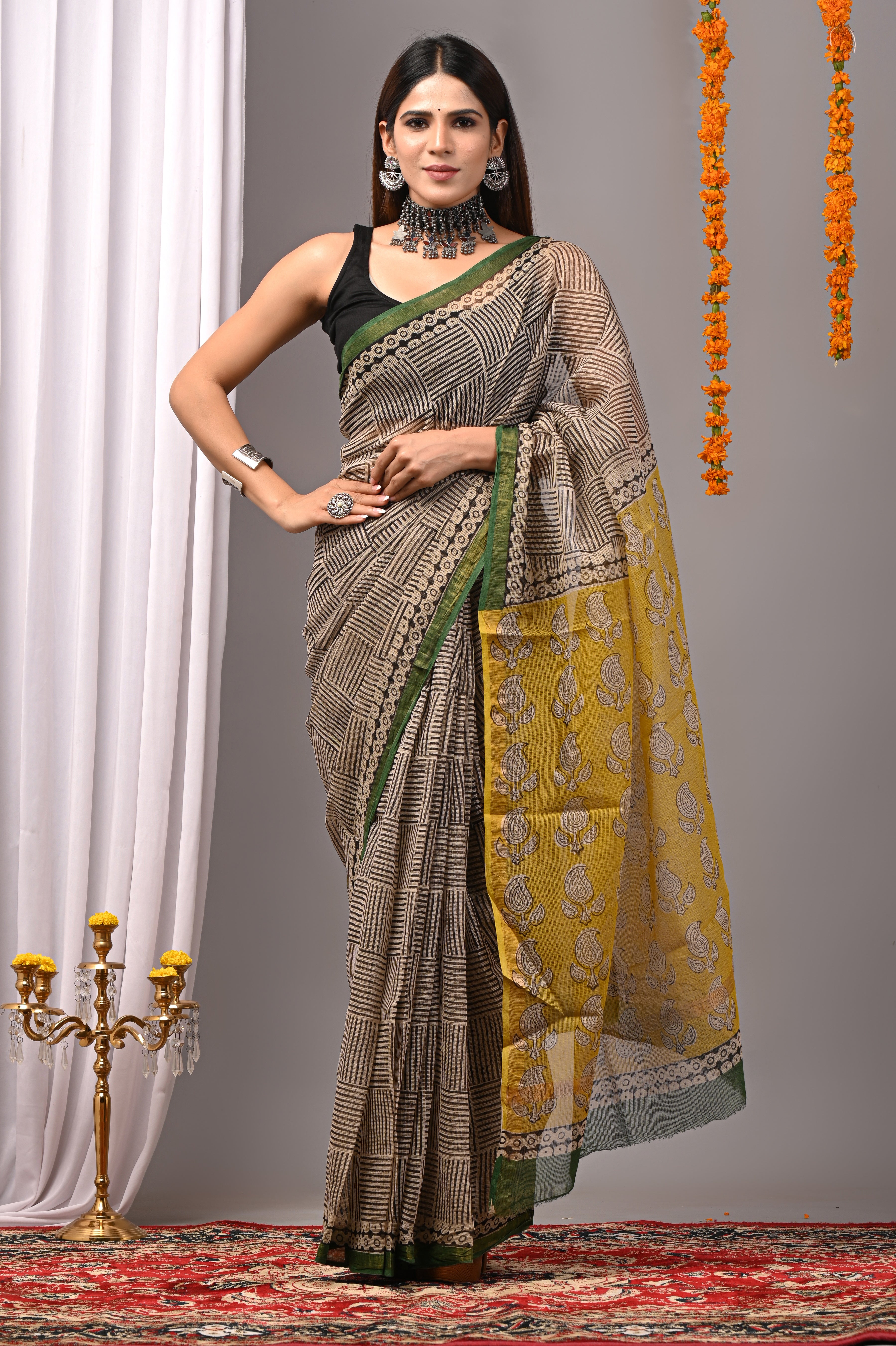 Beige & Yellow Contrast Kota Doria Saree