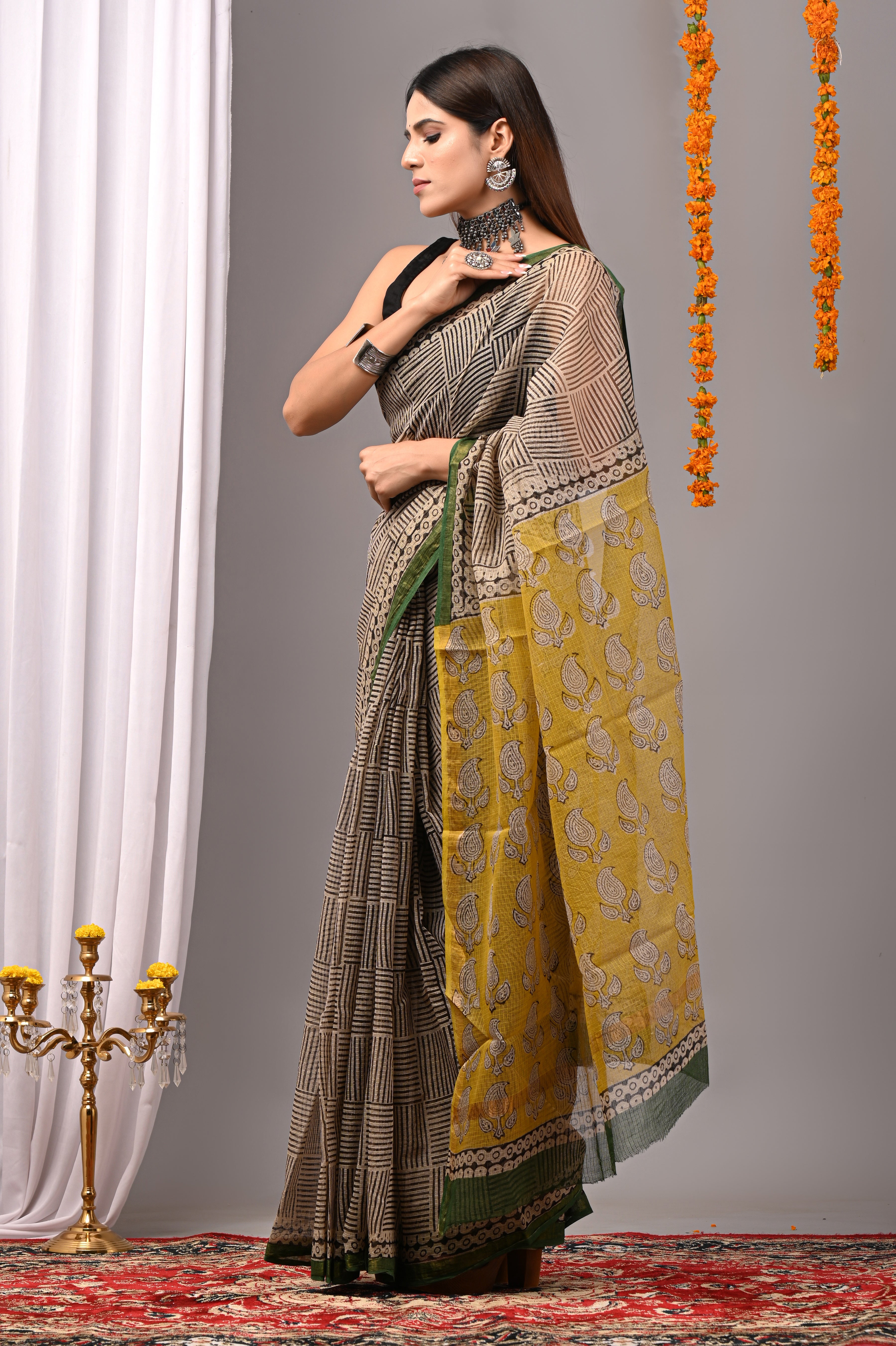 Beige & Yellow Contrast Kota Doria Saree