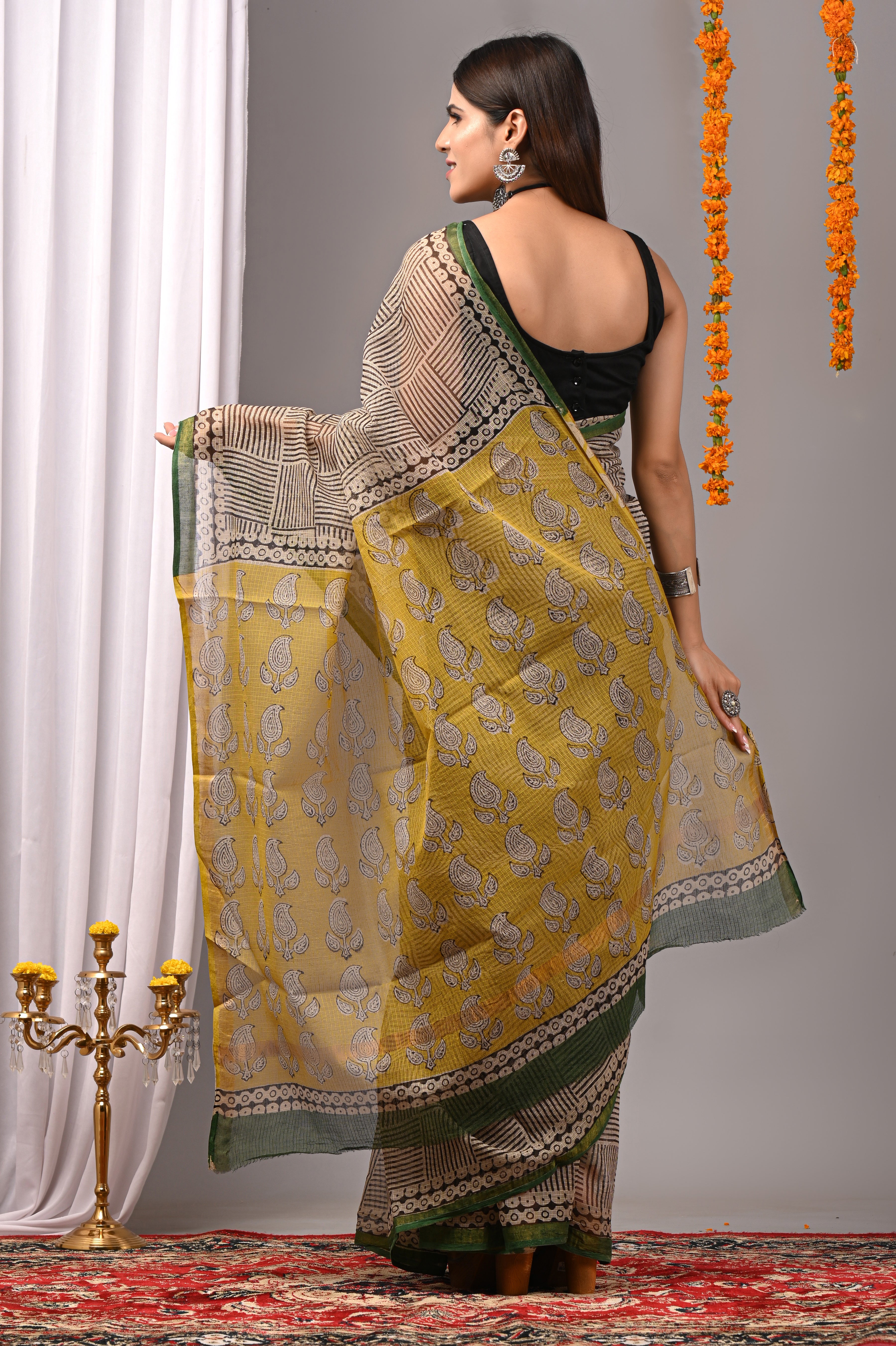 Beige & Yellow Contrast Kota Doria Saree