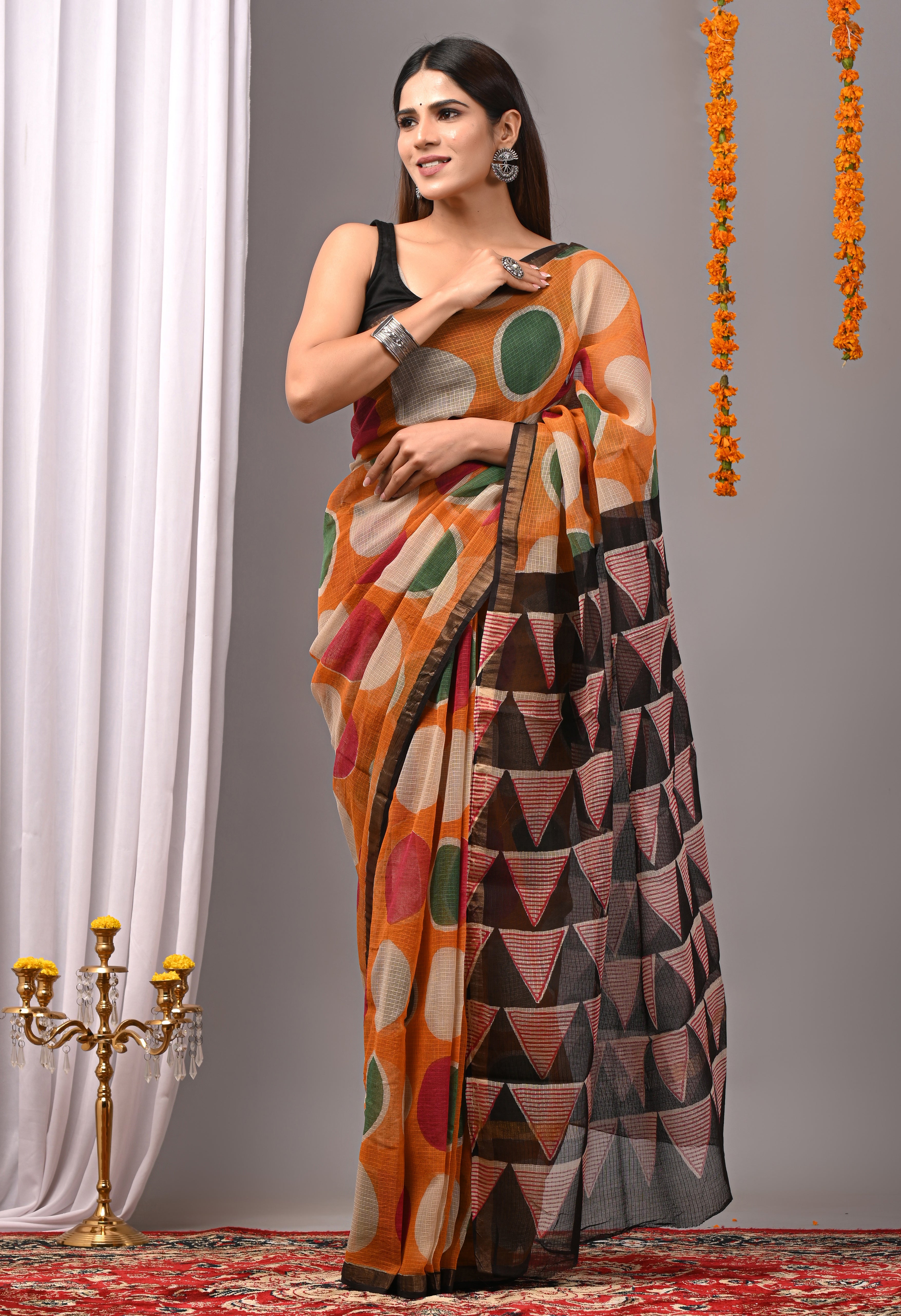 Tangerine Geometric Kota Doria Saree