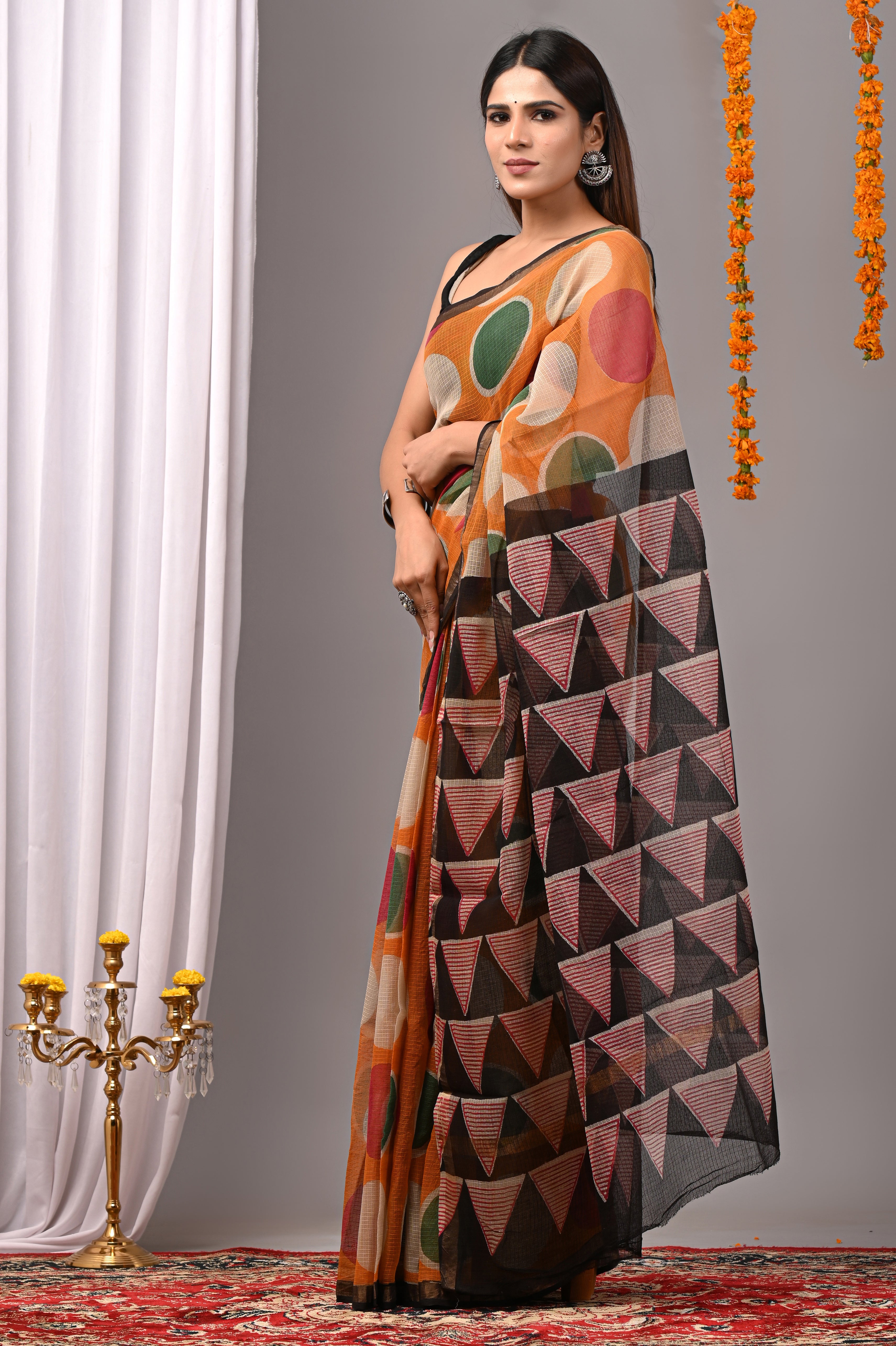 Tangerine Geometric Kota Doria Saree