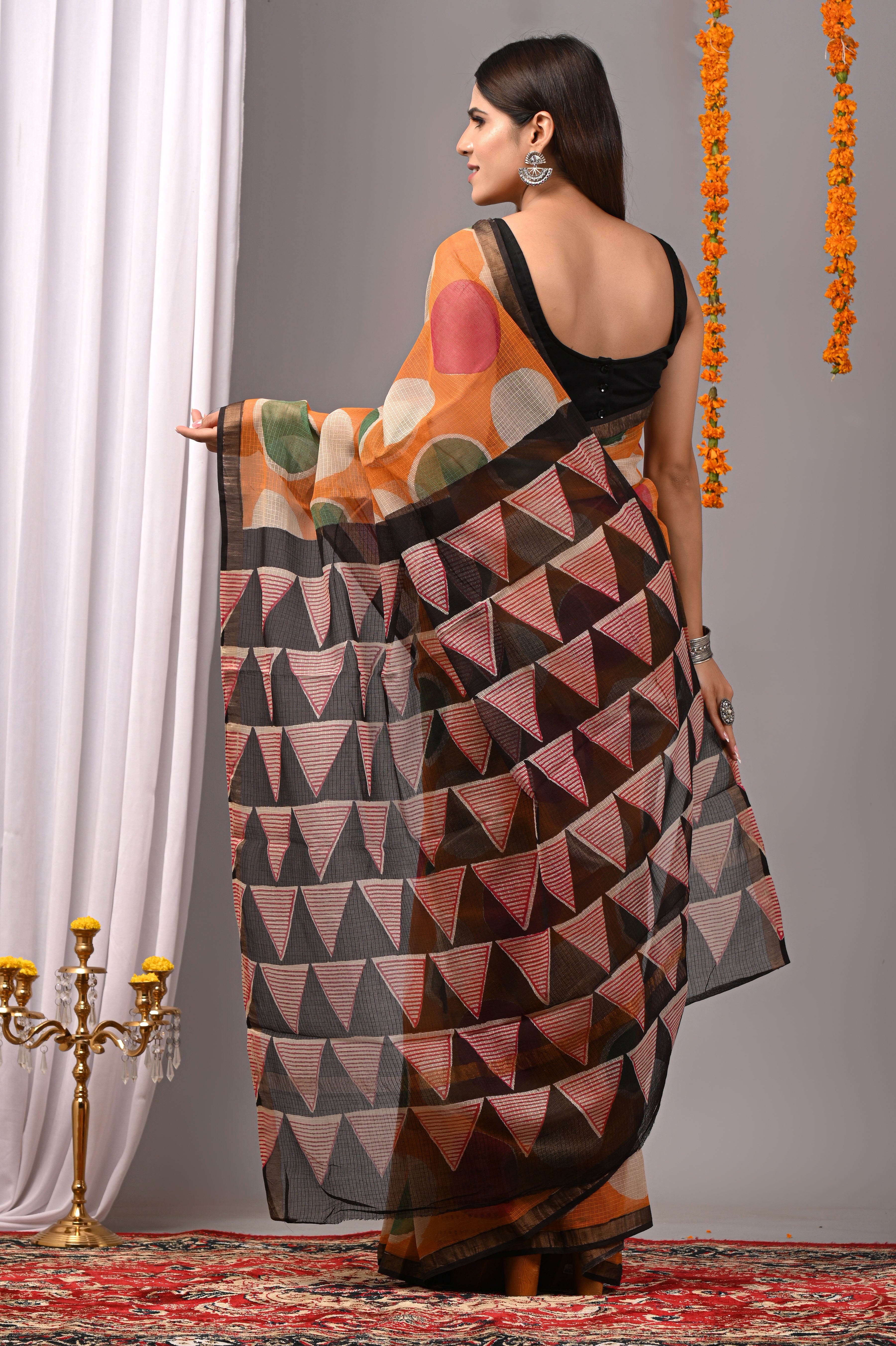 Tangerine Geometric Kota Doria Saree