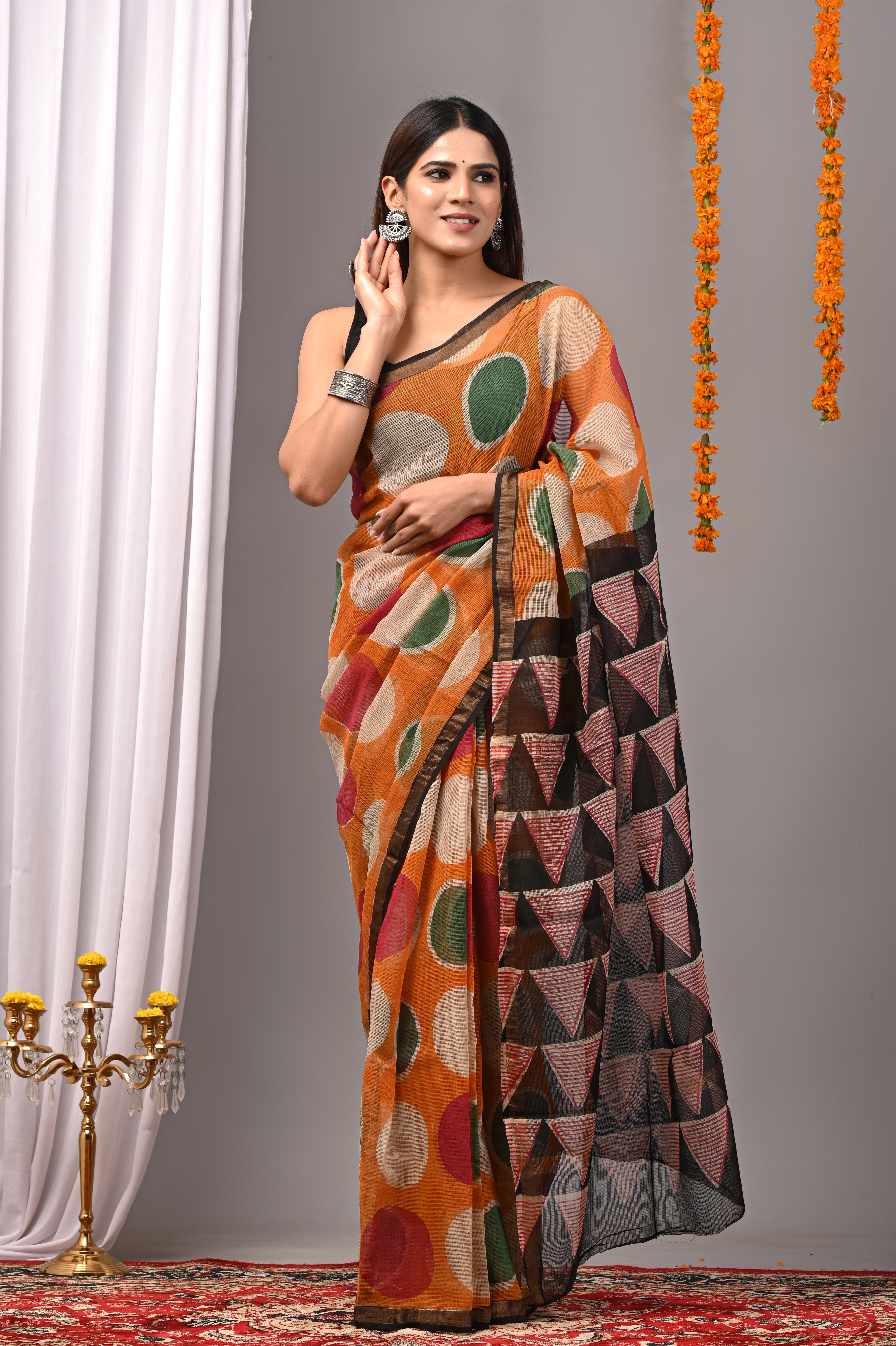 Tangerine Geometric Kota Doria Saree