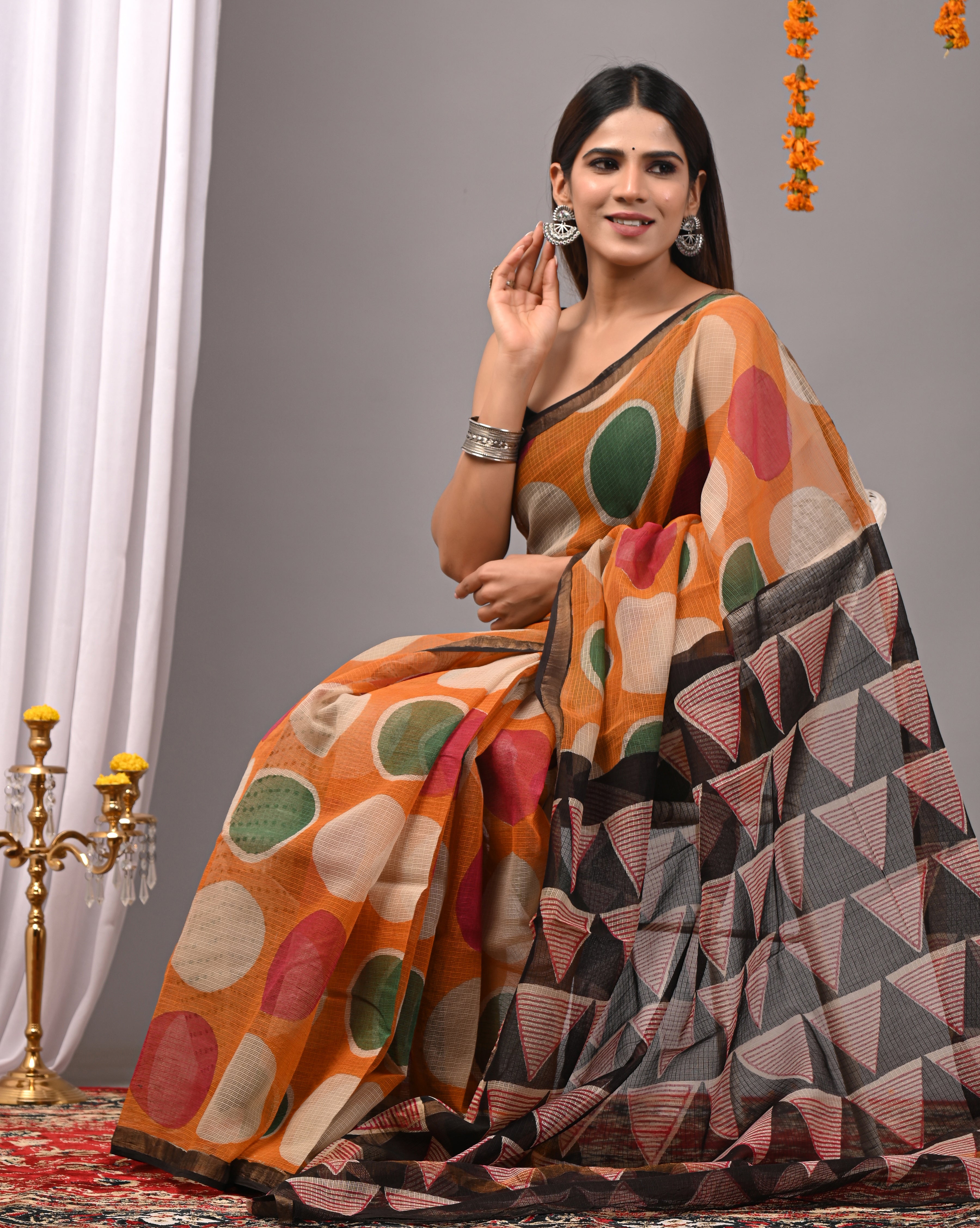 Tangerine Geometric Kota Doria Saree