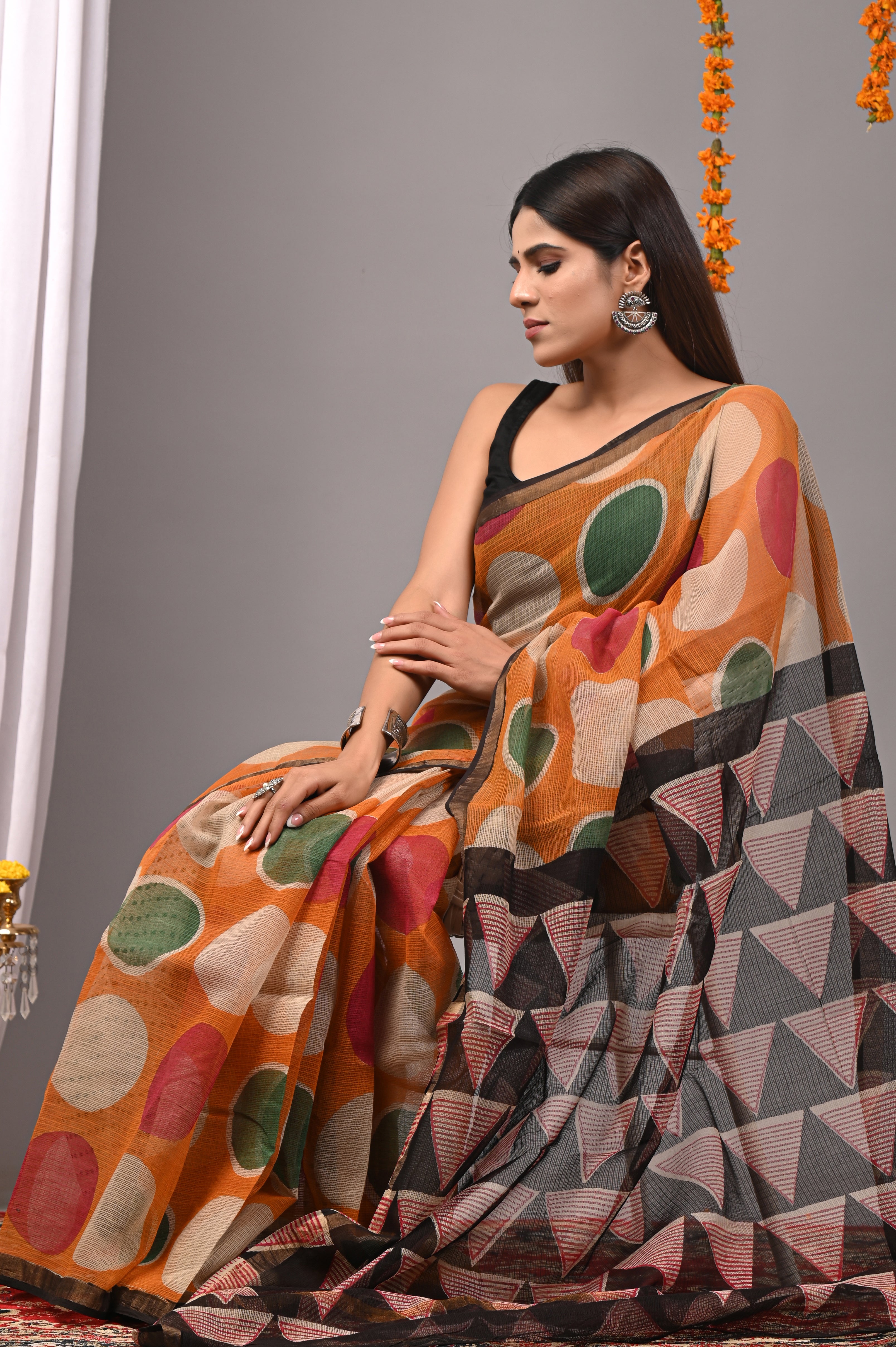 Tangerine Geometric Kota Doria Saree