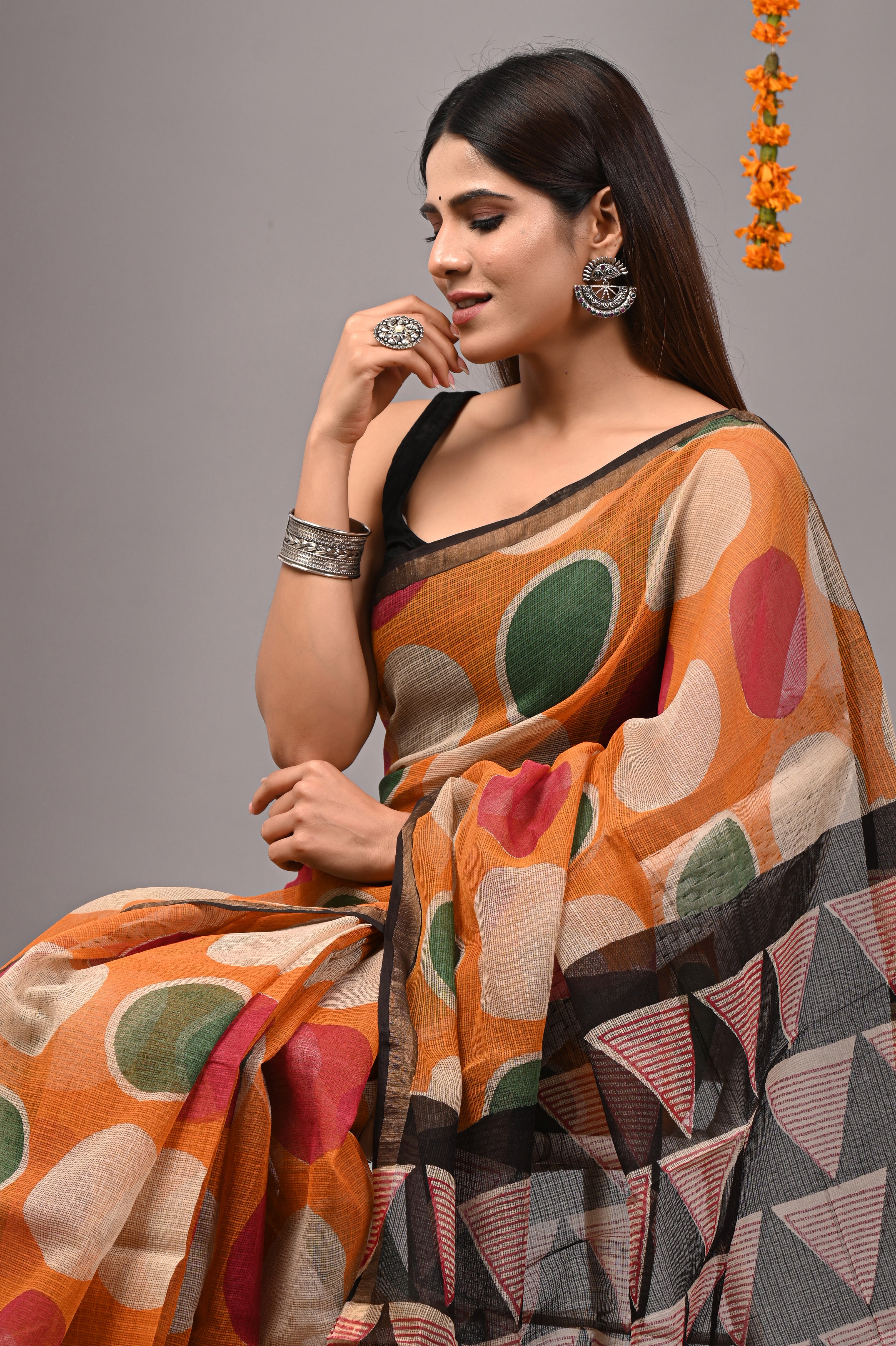 Tangerine Geometric Kota Doria Saree