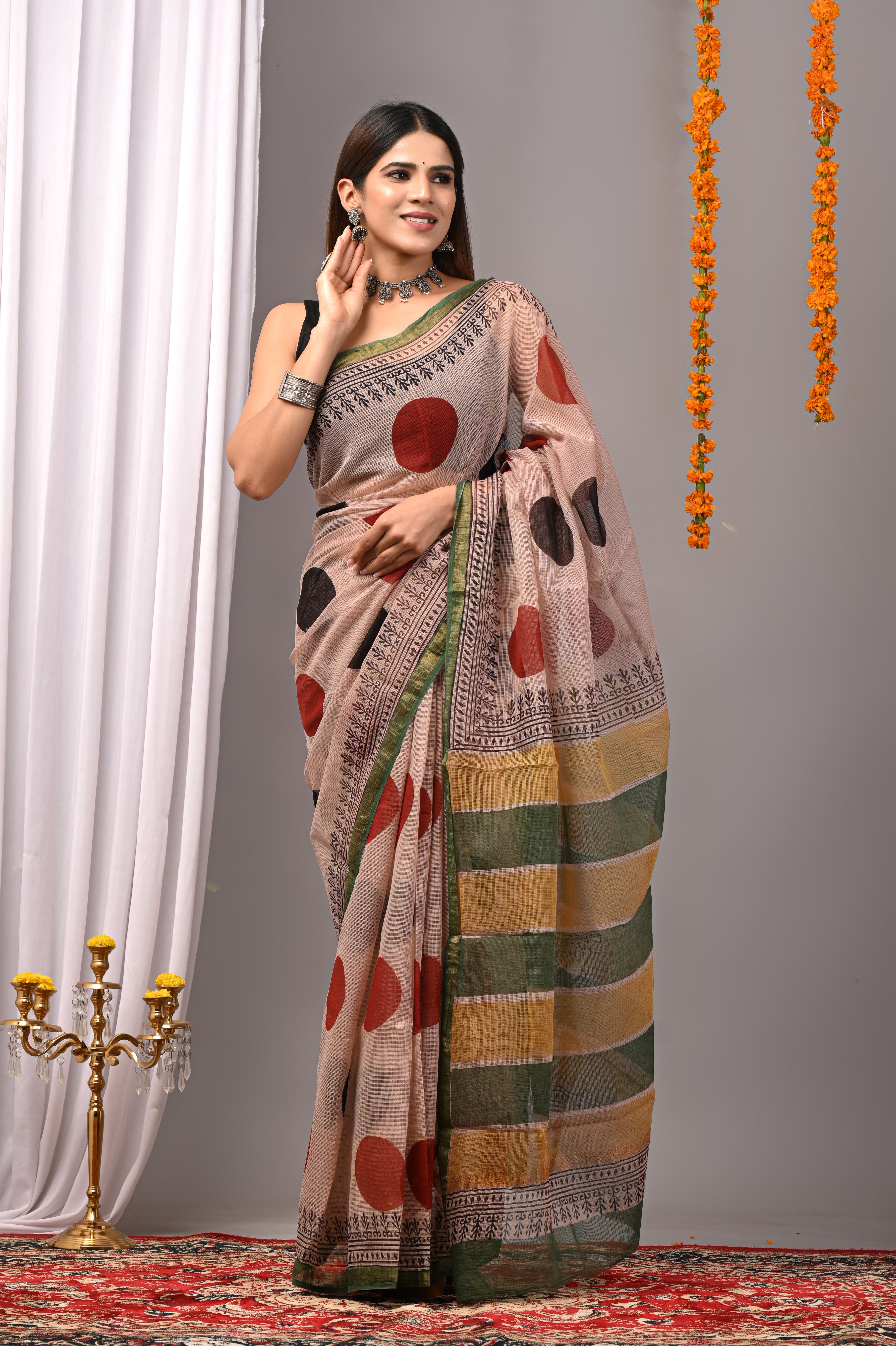 Dusty Rose Polka Dot Kota Doria Saree