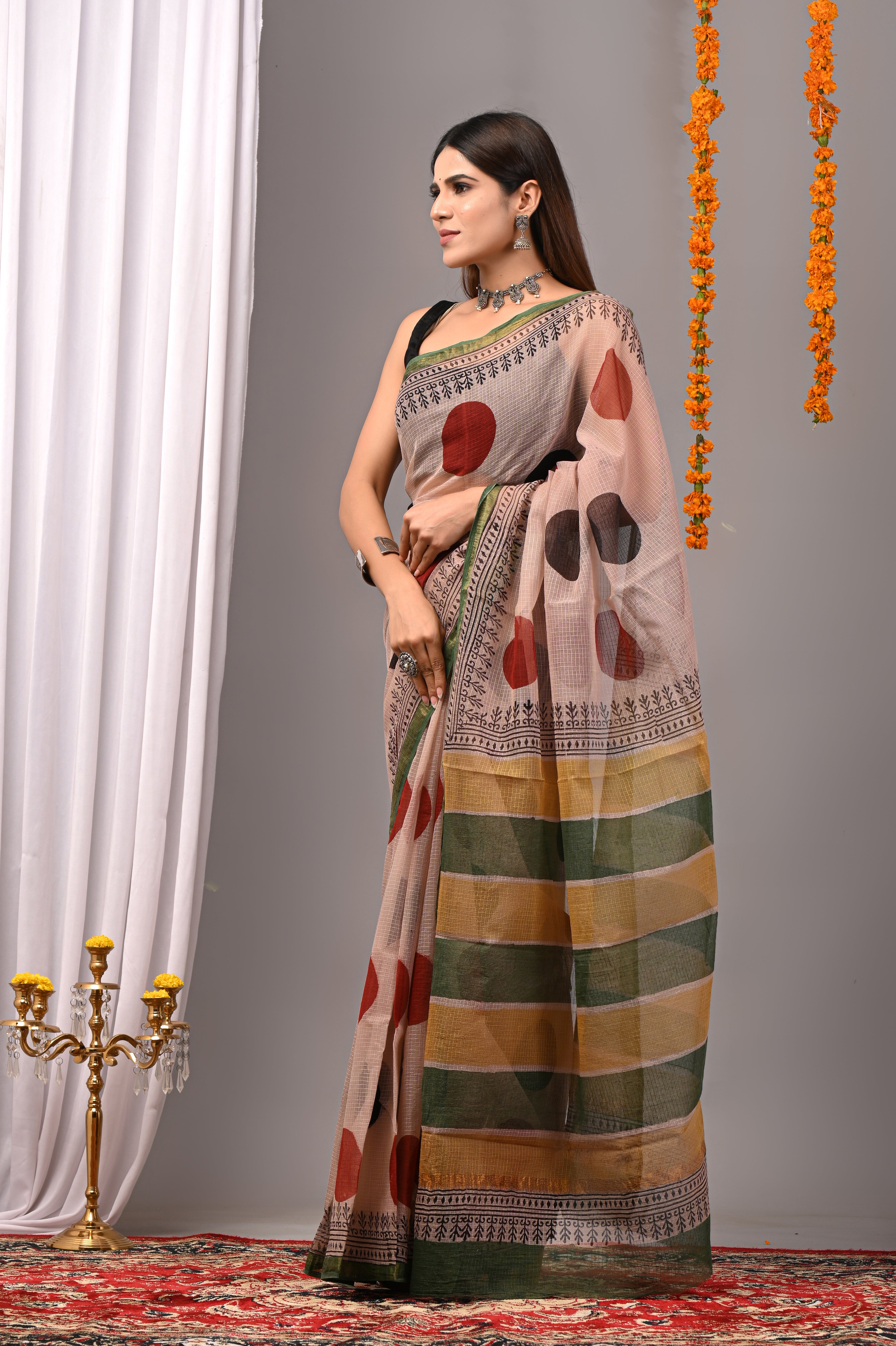 Dusty Rose Polka Dot Kota Doria Saree