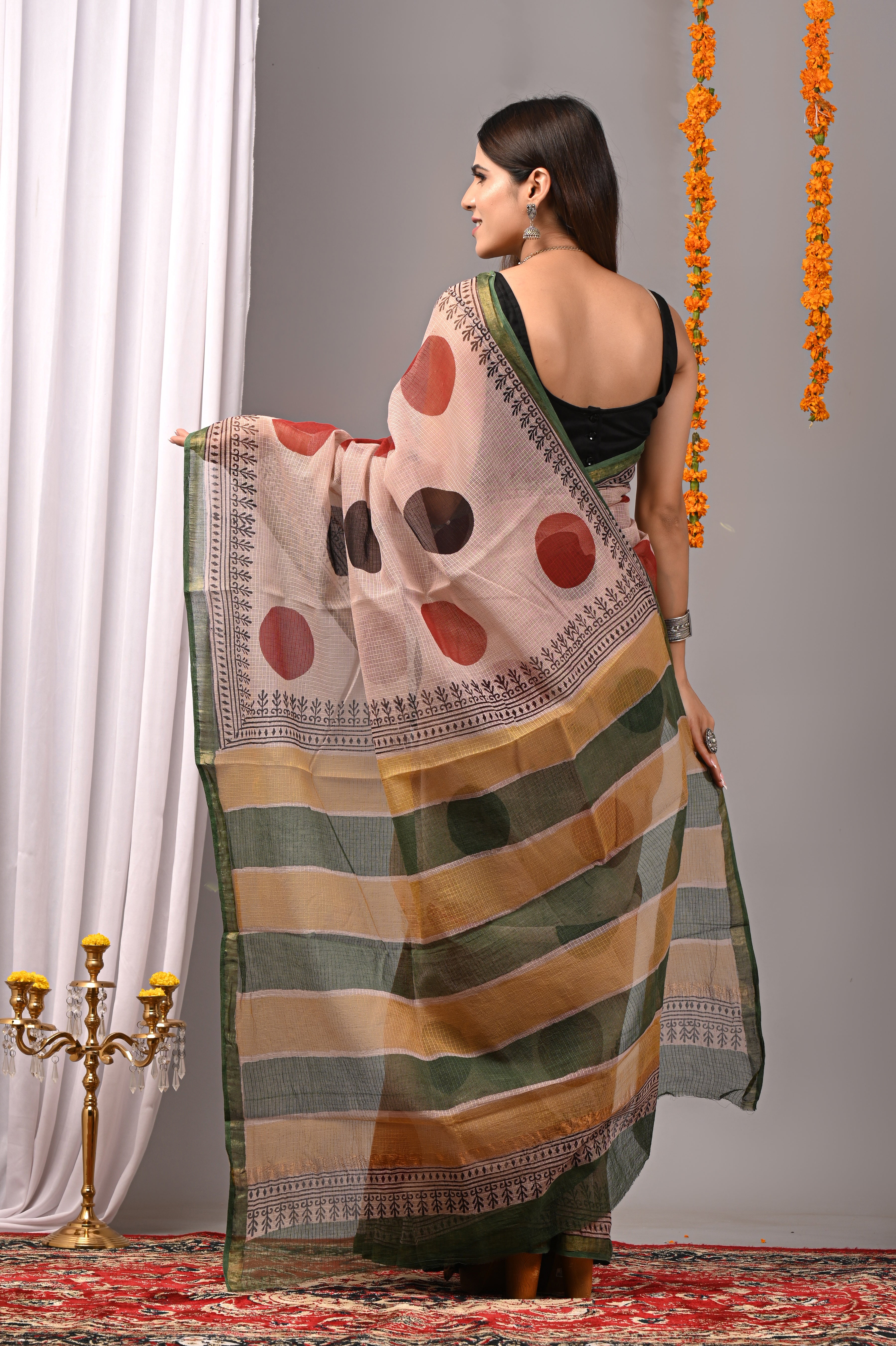 Dusty Rose Polka Dot Kota Doria Saree