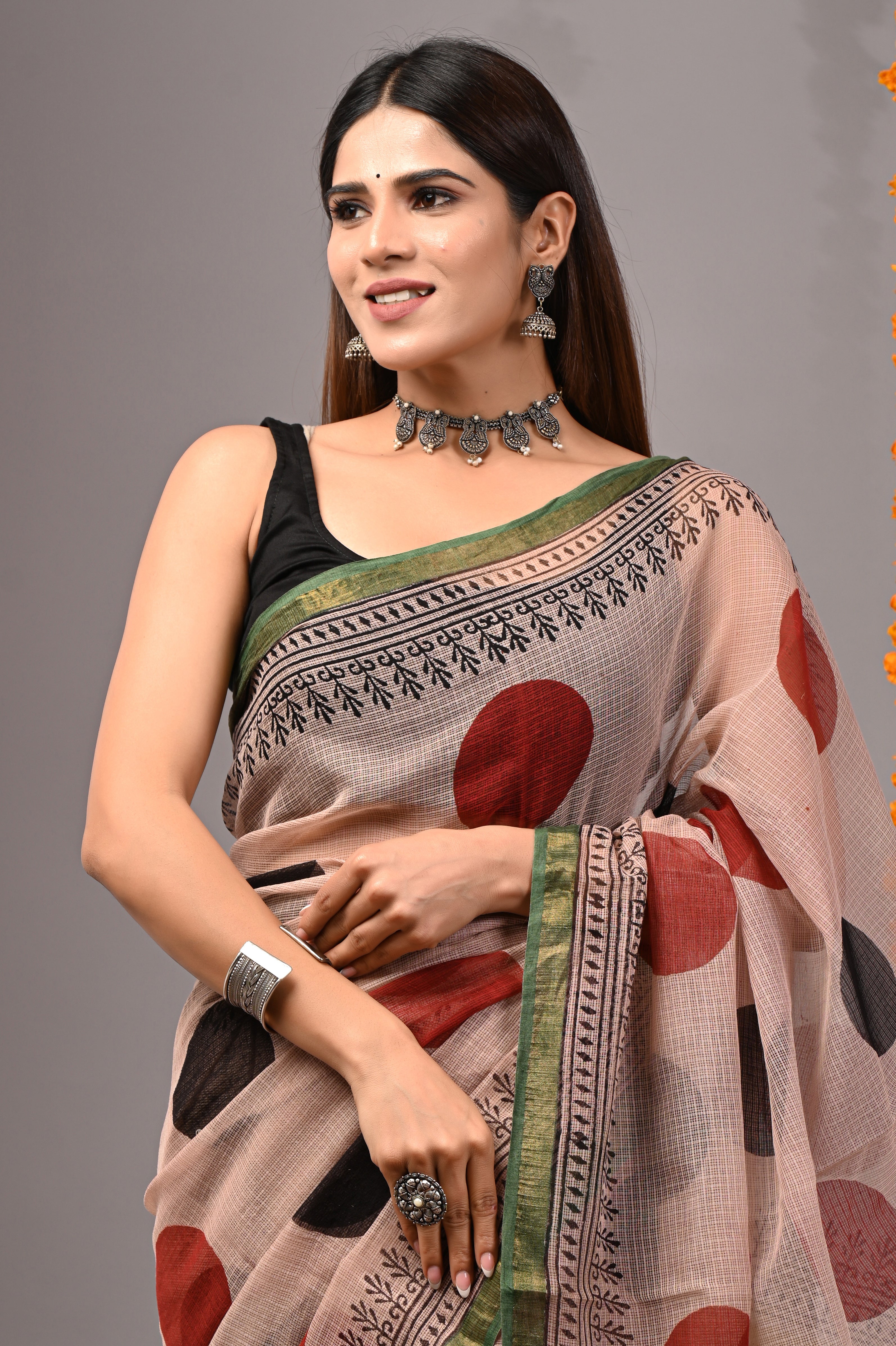 Dusty Rose Polka Dot Kota Doria Saree
