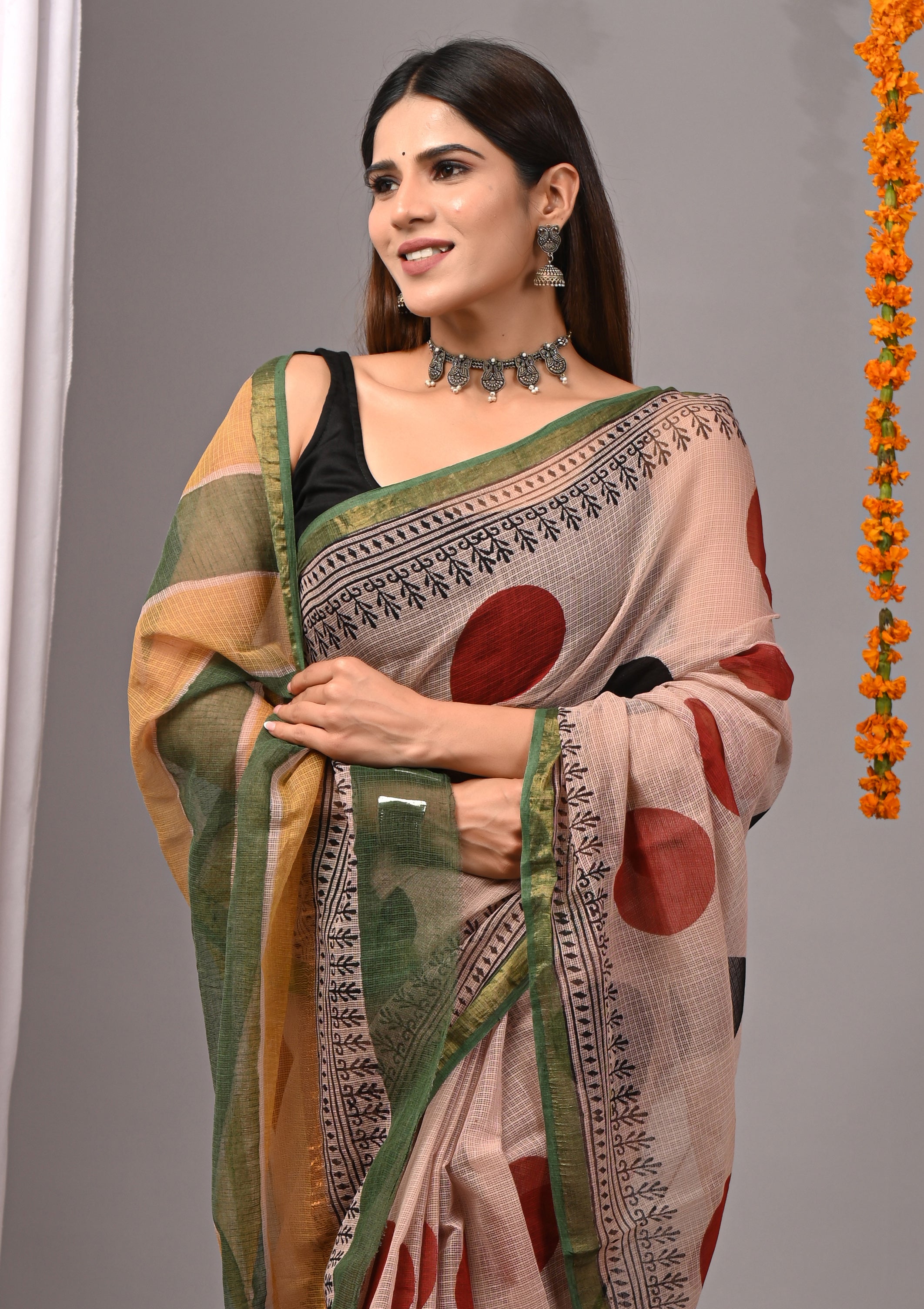 Dusty Rose Polka Dot Kota Doria Saree
