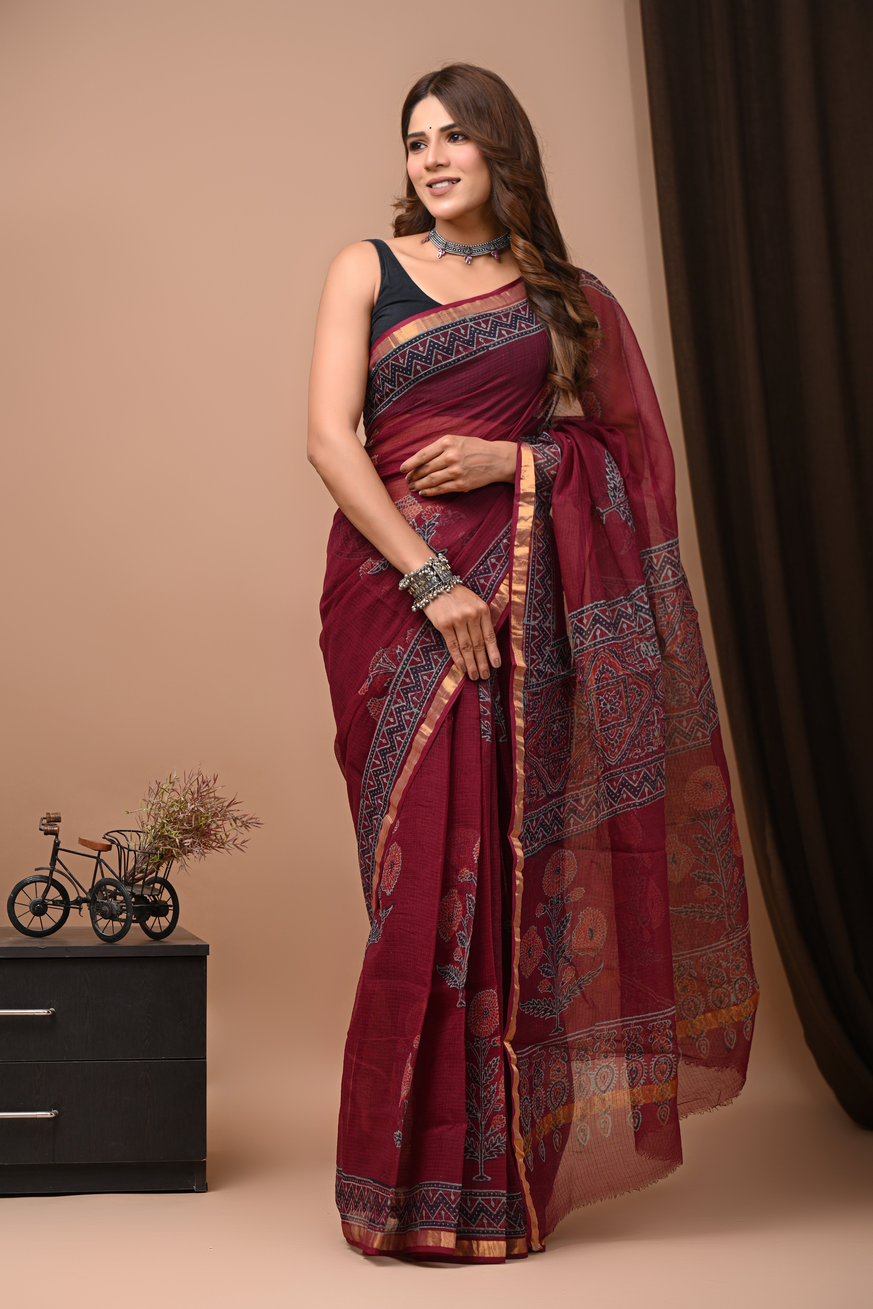 Wine Red Kota Doria Saree