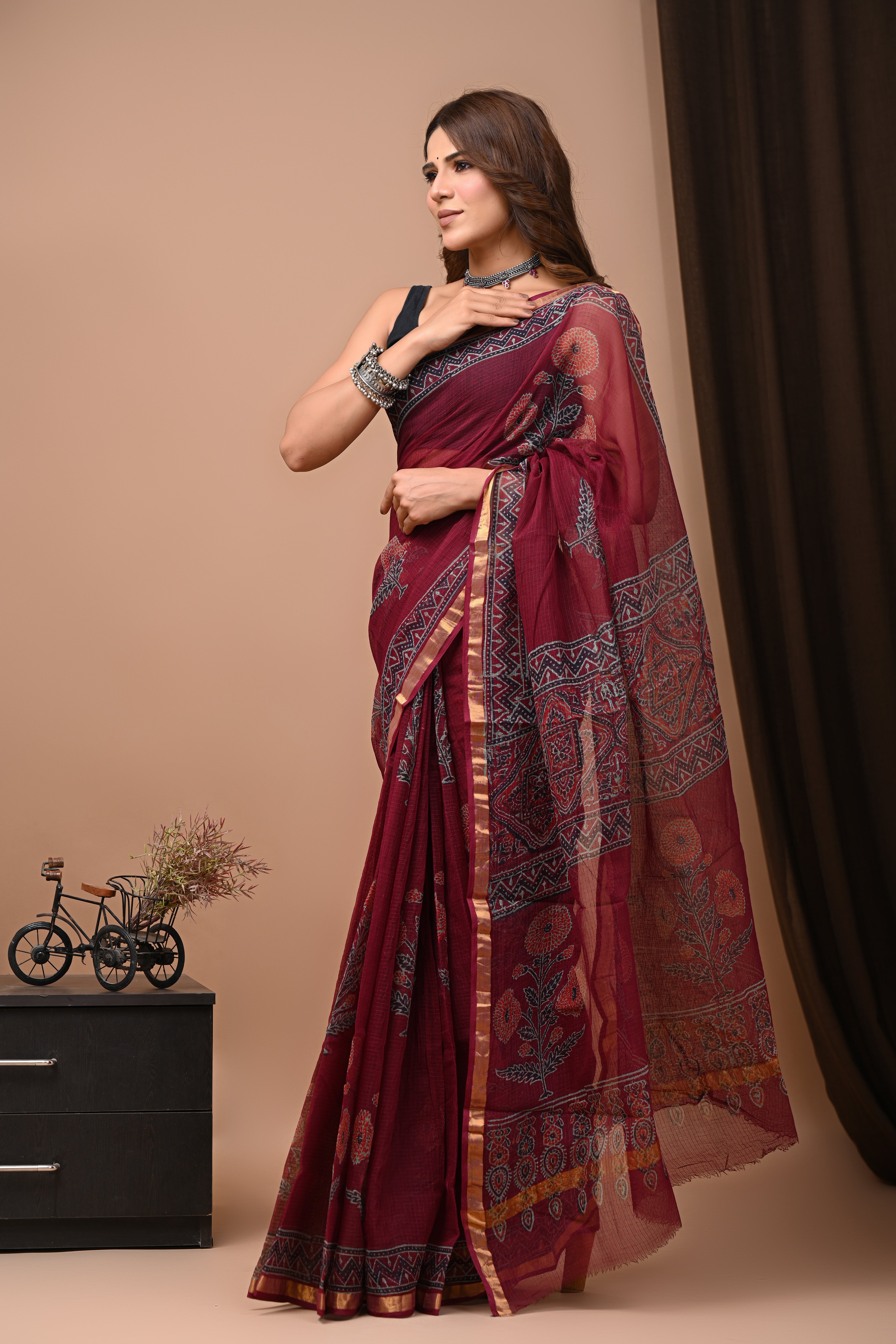 Wine Red Kota Doria Saree