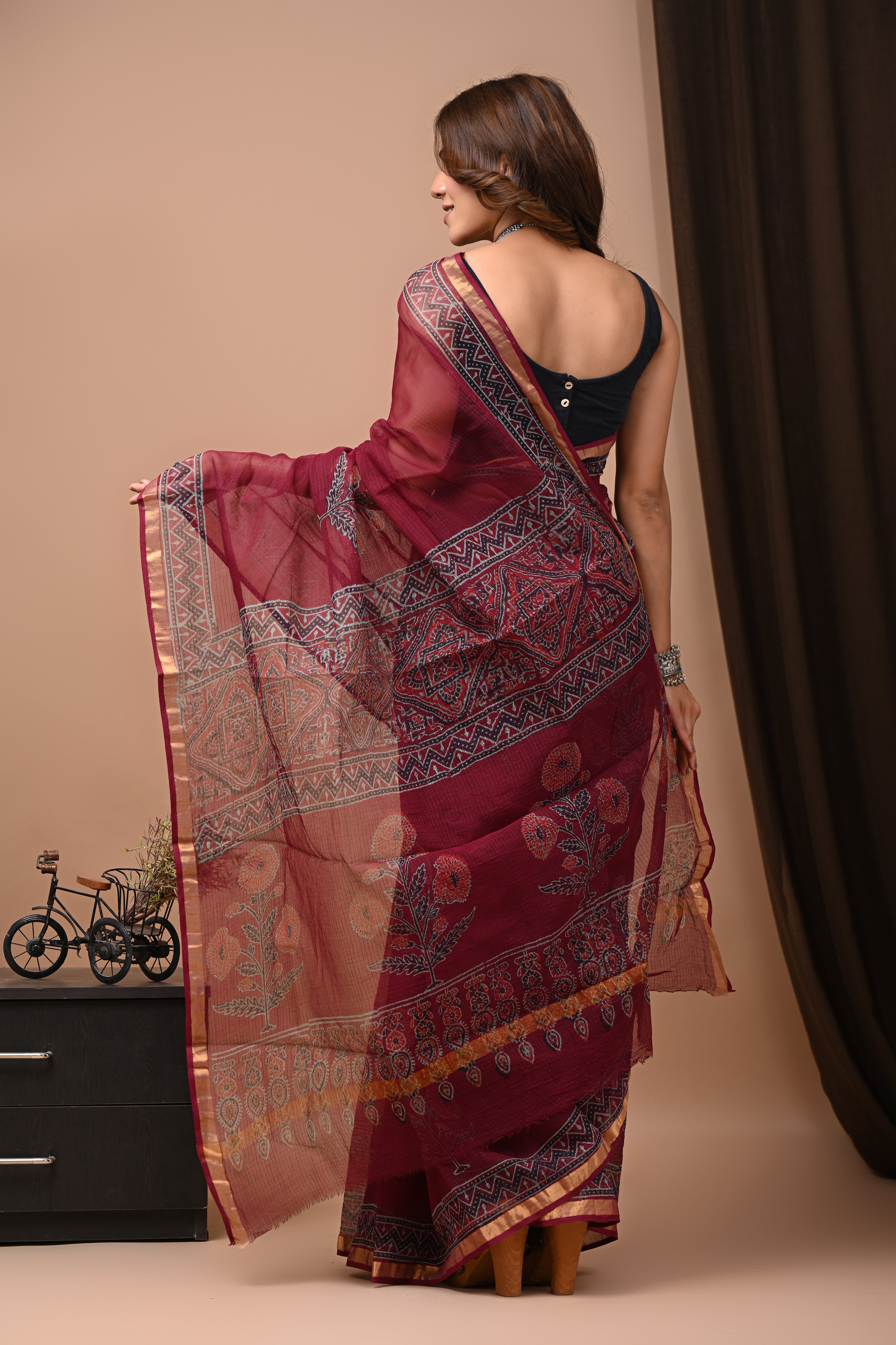 Wine Red Kota Doria Saree