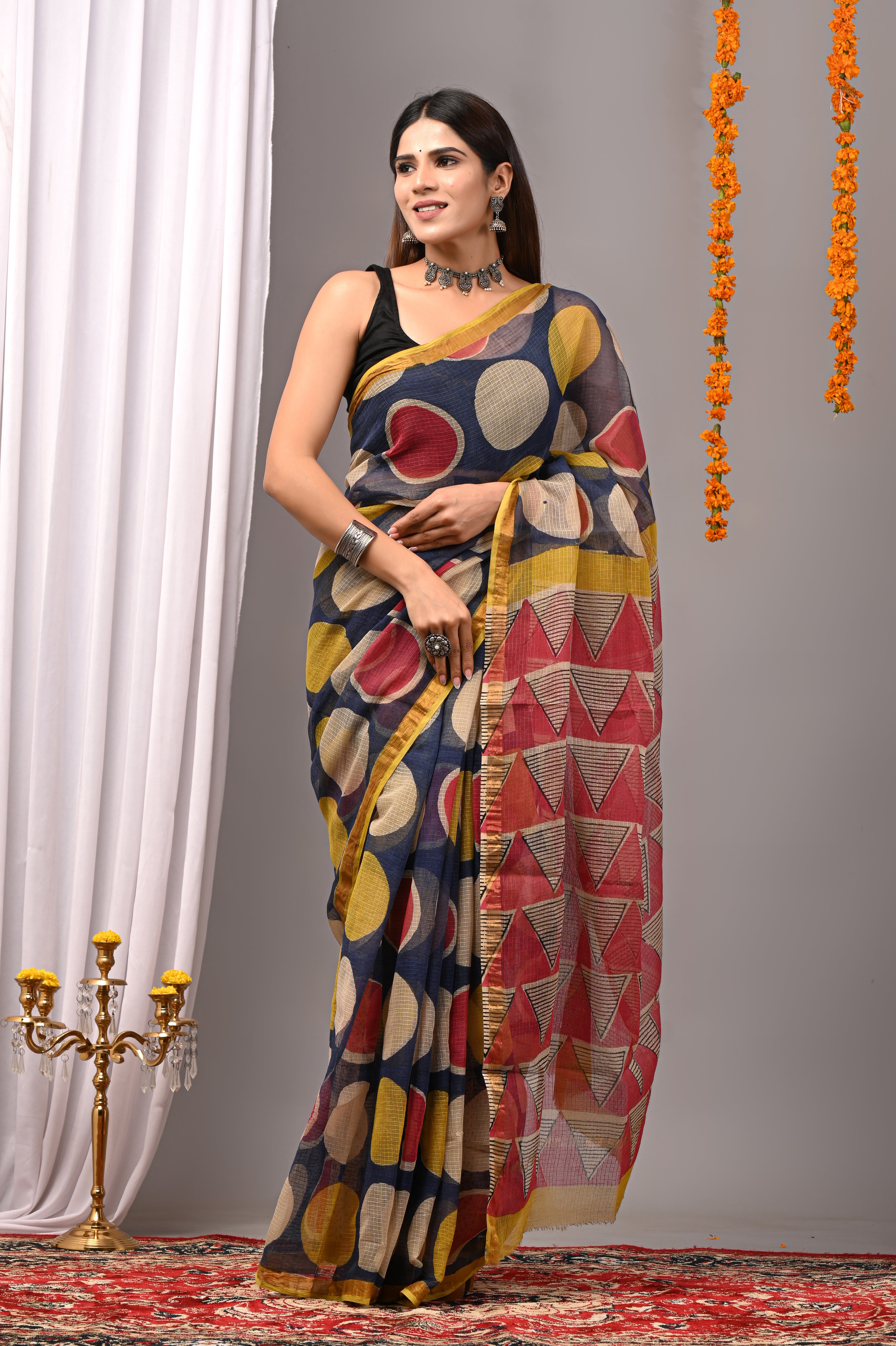 Navy Blue Geometric Kota Doria Saree