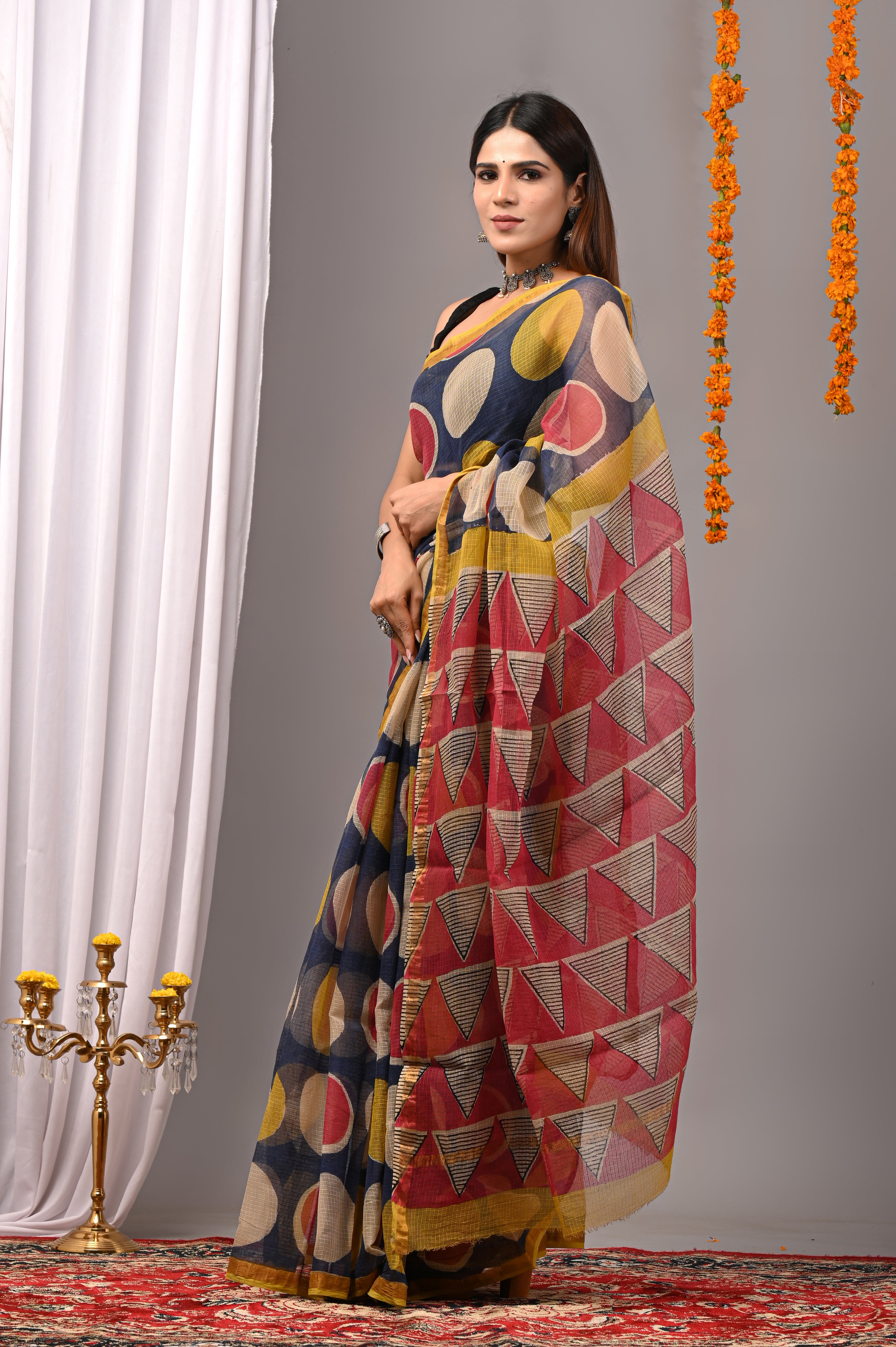 Navy Blue Geometric Kota Doria Saree