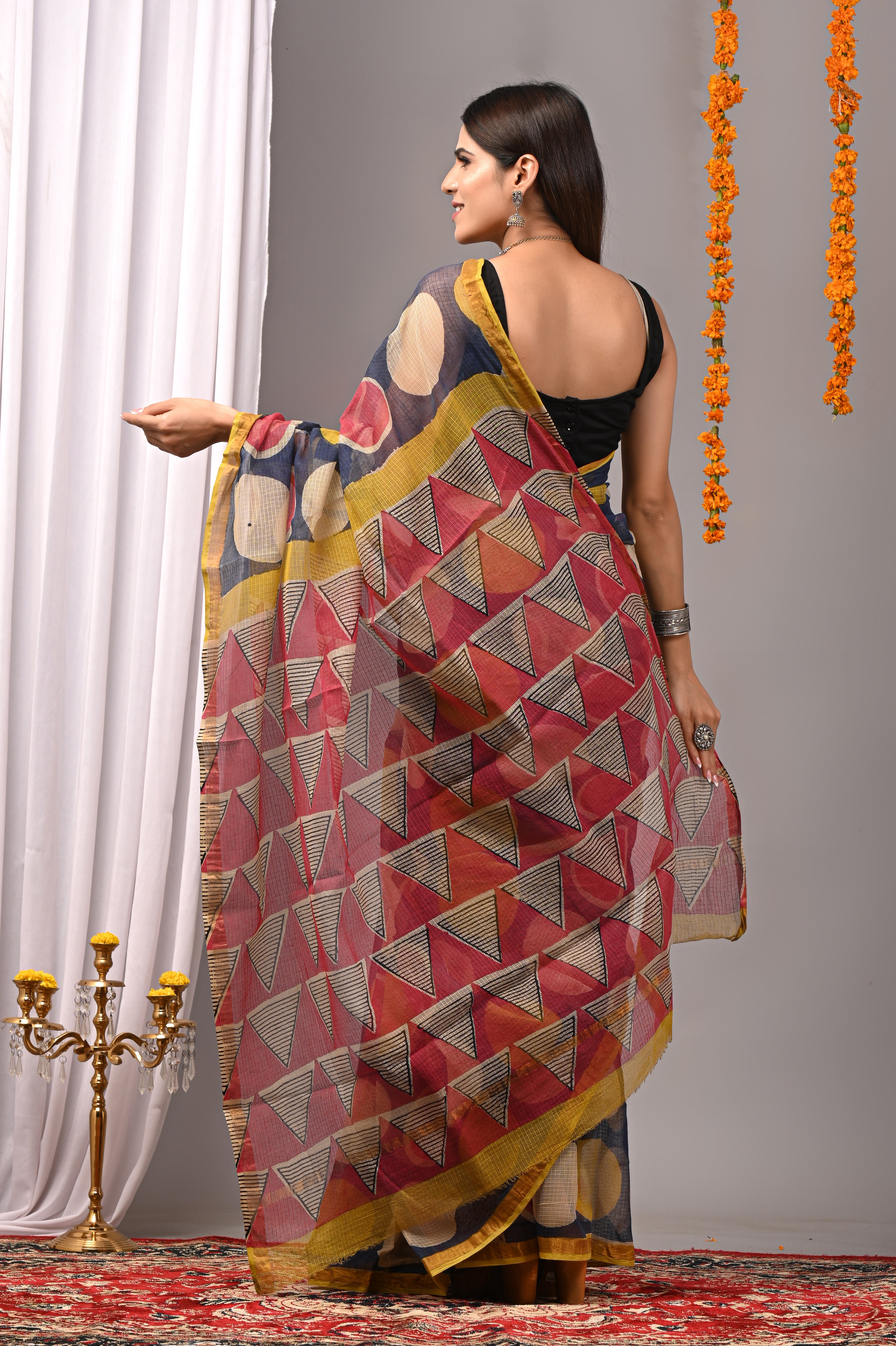 Navy Blue Geometric Kota Doria Saree