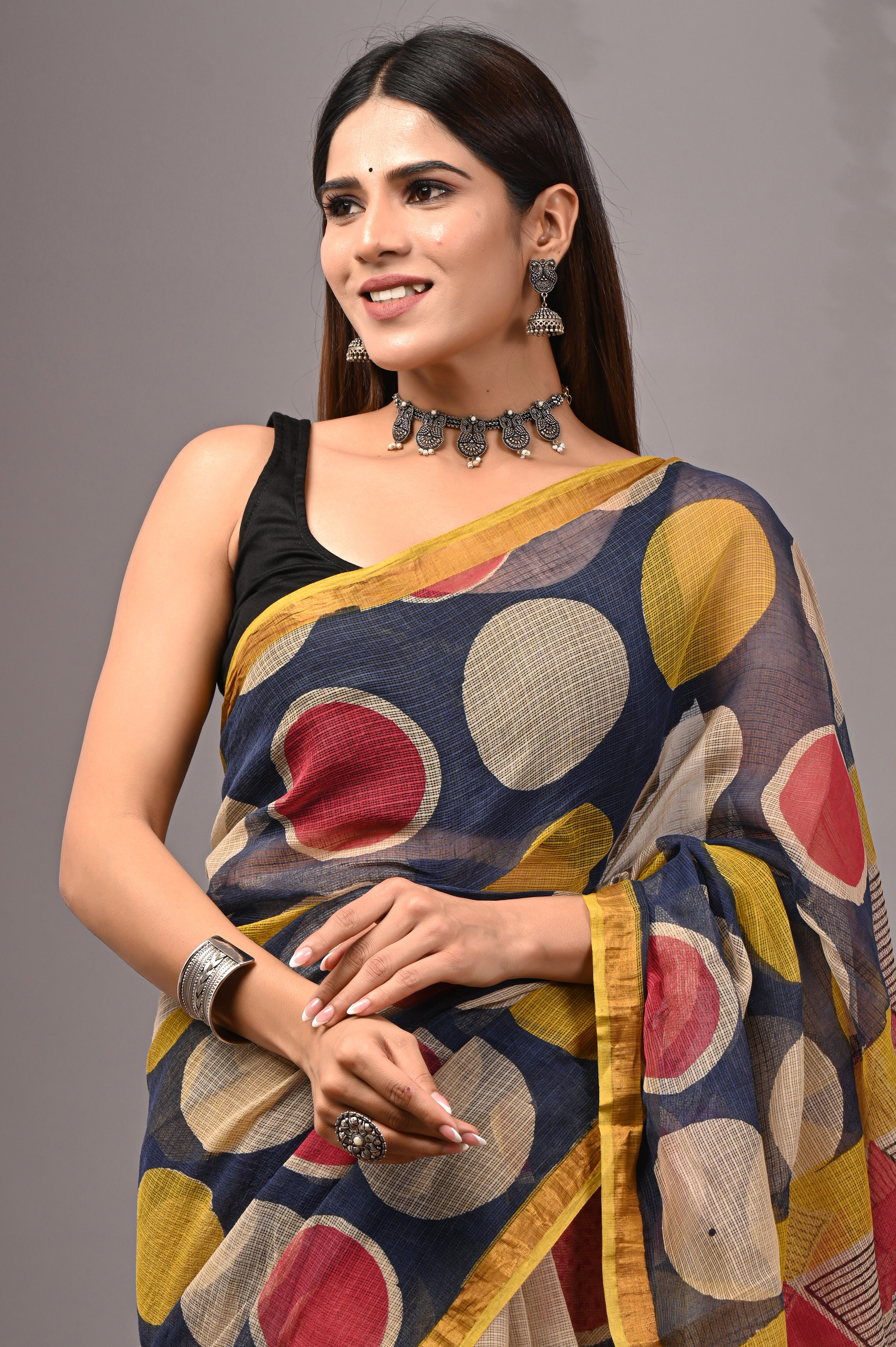 Navy Blue Geometric Kota Doria Saree