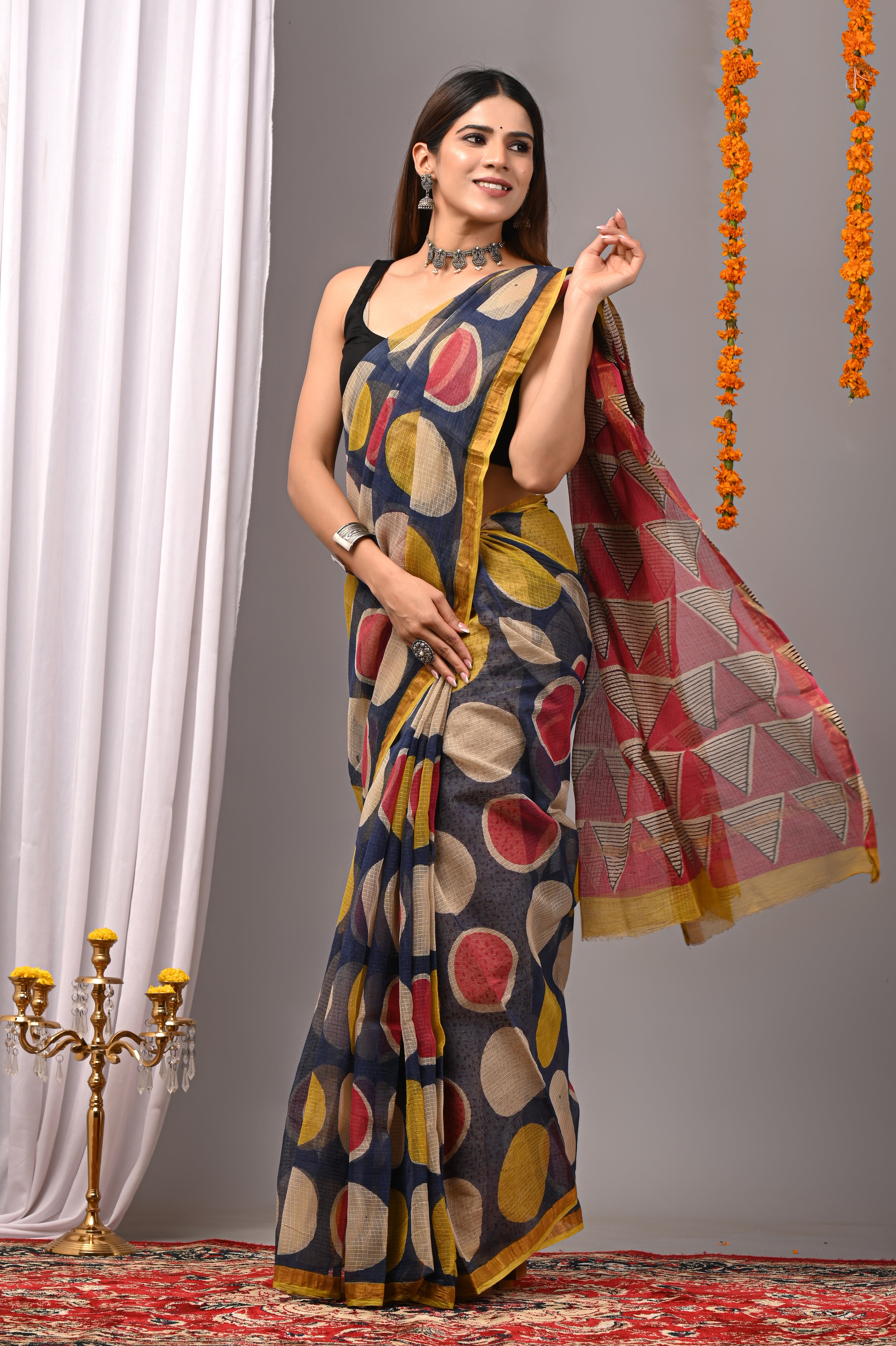Navy Blue Geometric Kota Doria Saree
