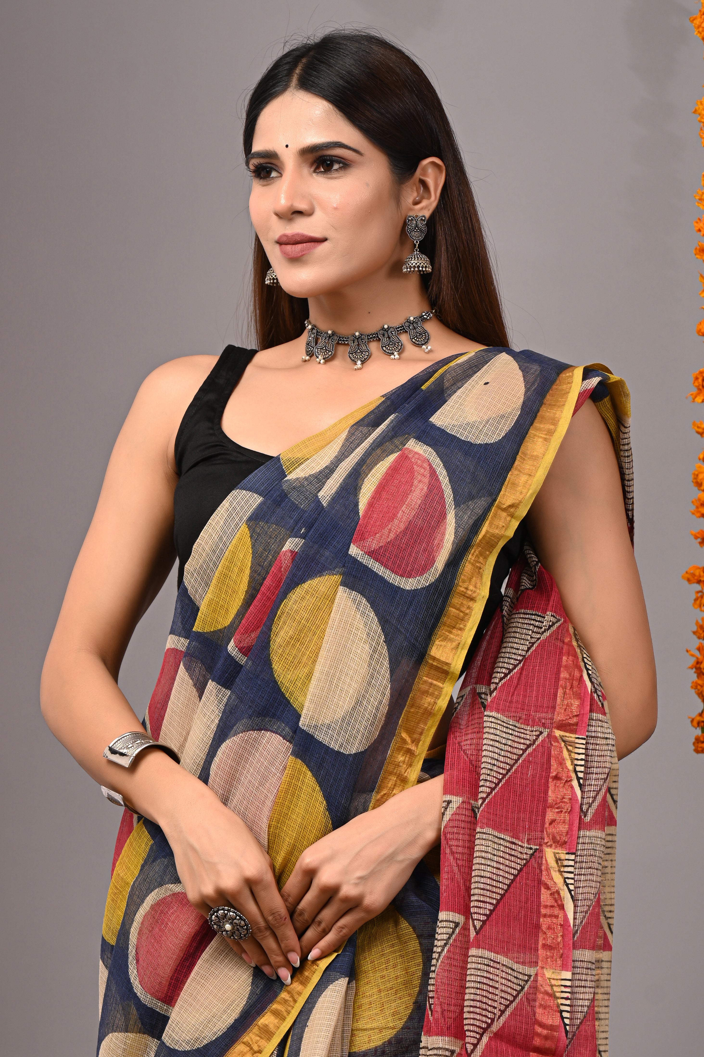 Navy Blue Geometric Kota Doria Saree