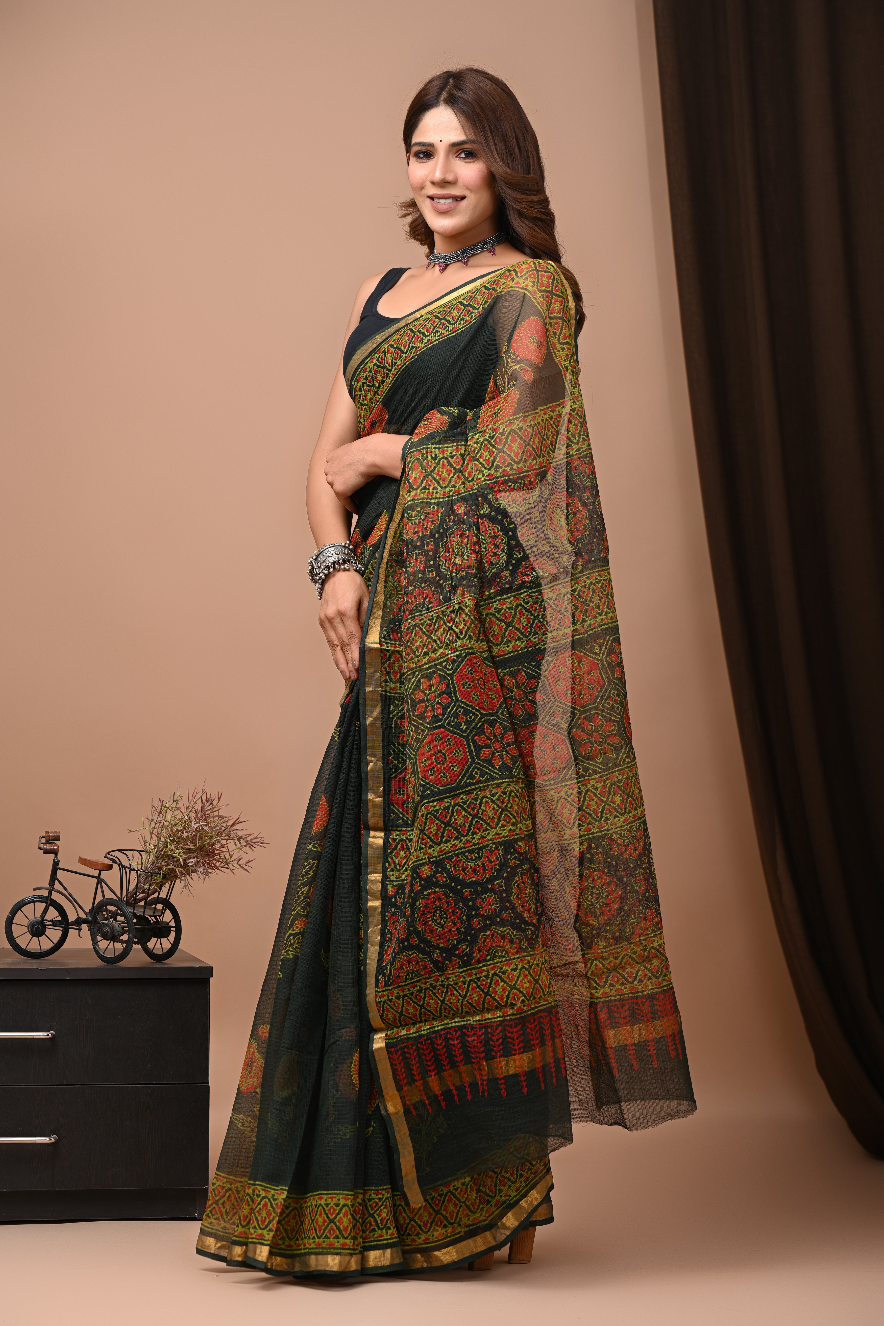 Forest Green Kota Doria Saree