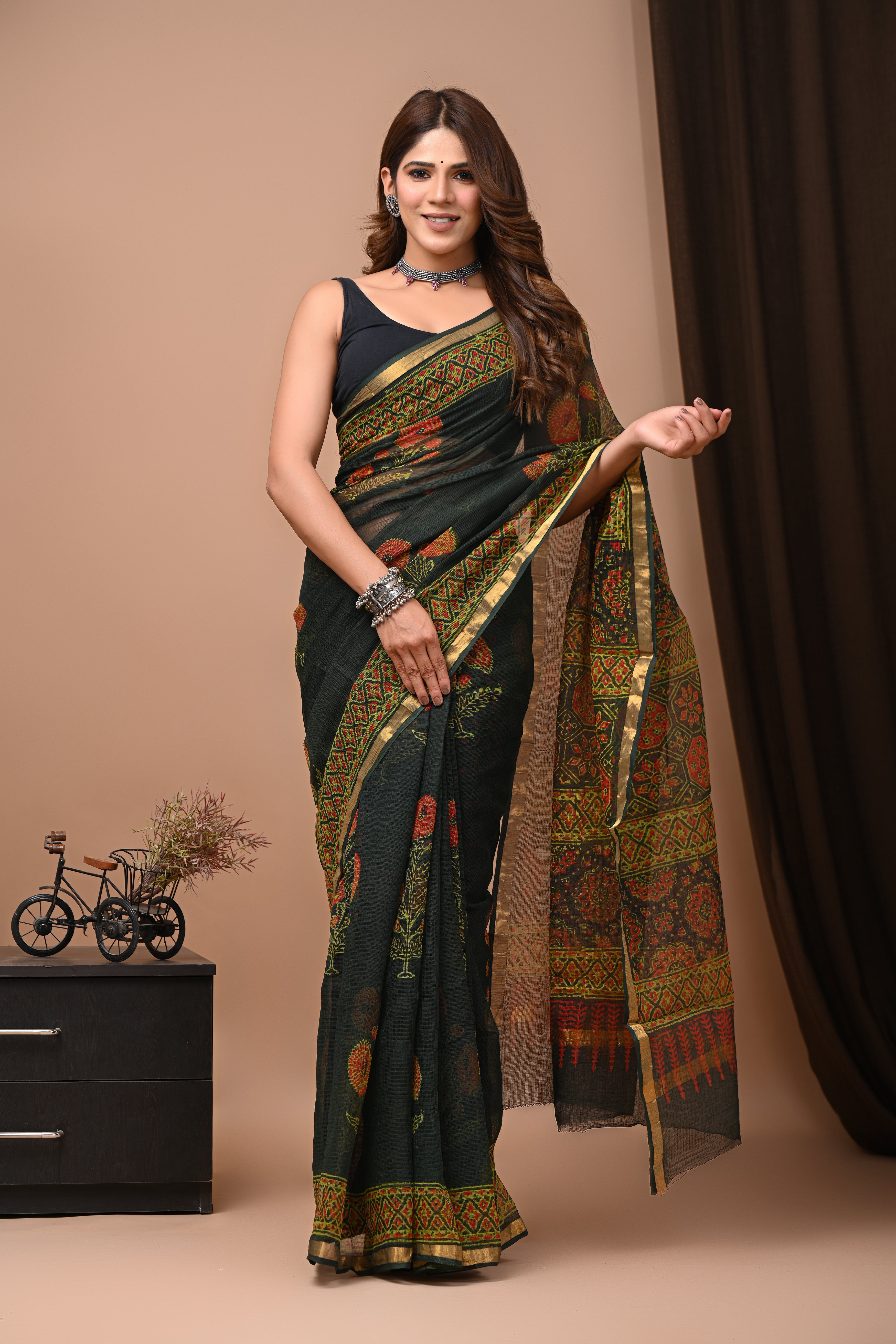 Forest Green Kota Doria Saree