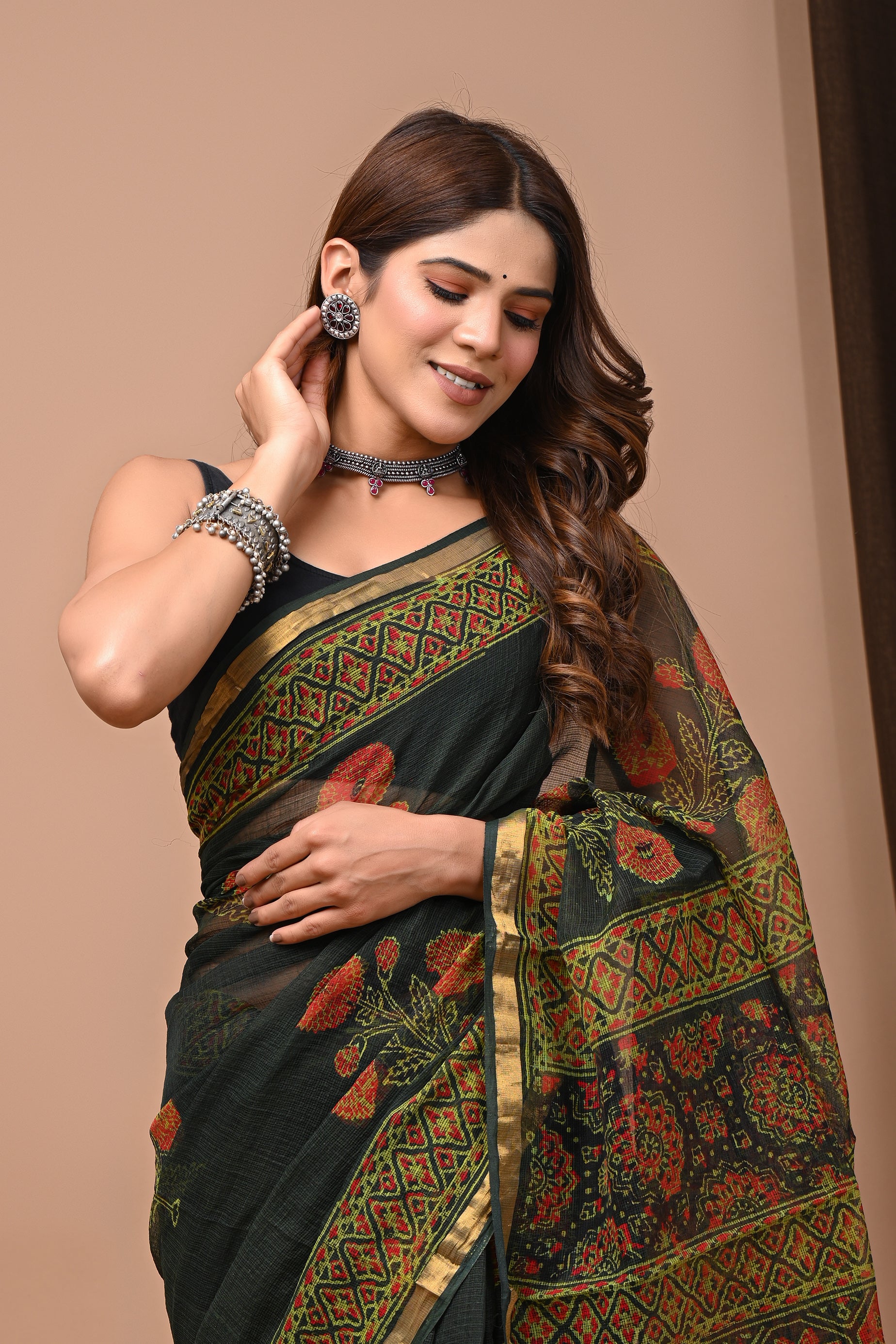 Forest Green Kota Doria Saree