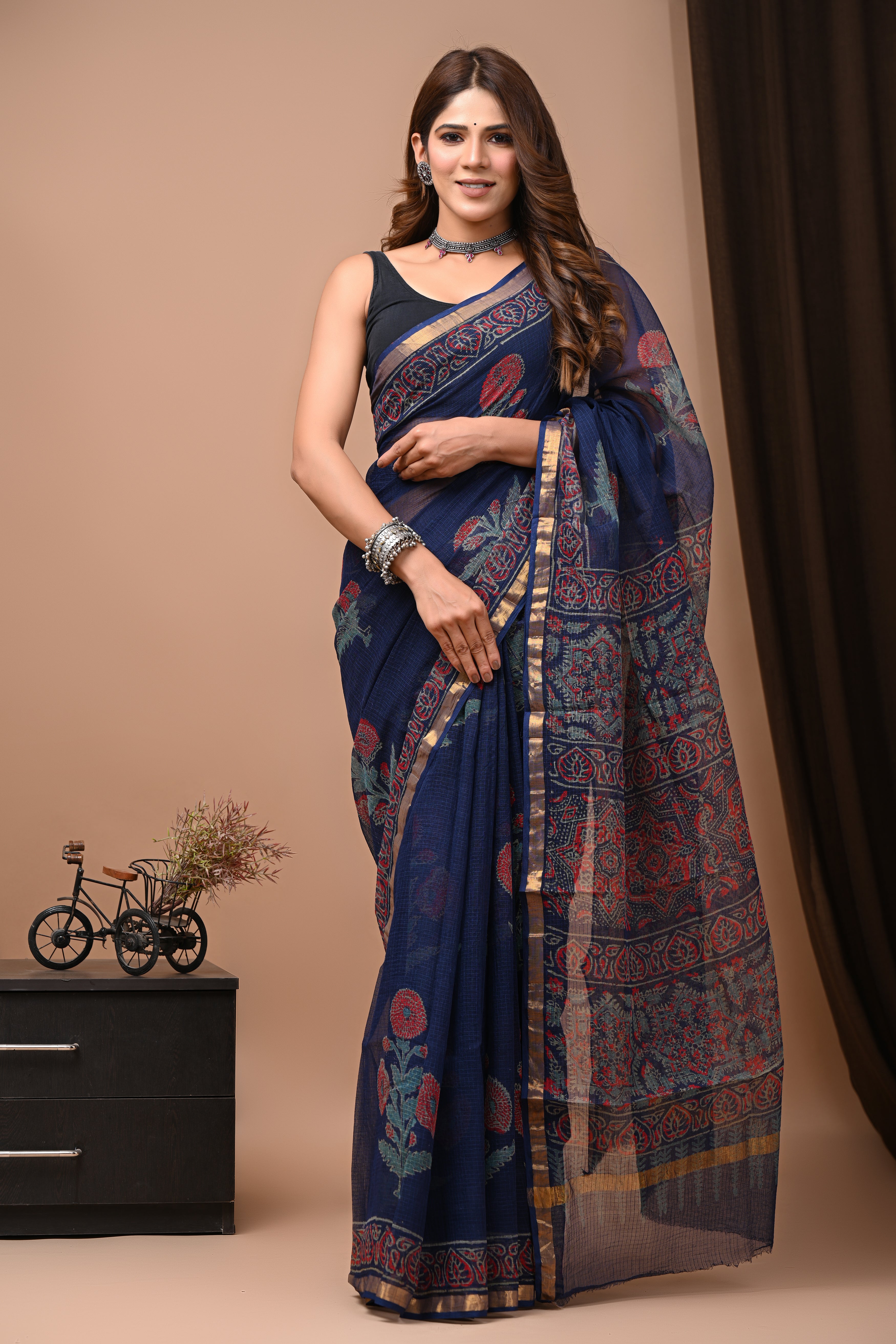 Navy Blue Kota Doria Saree
