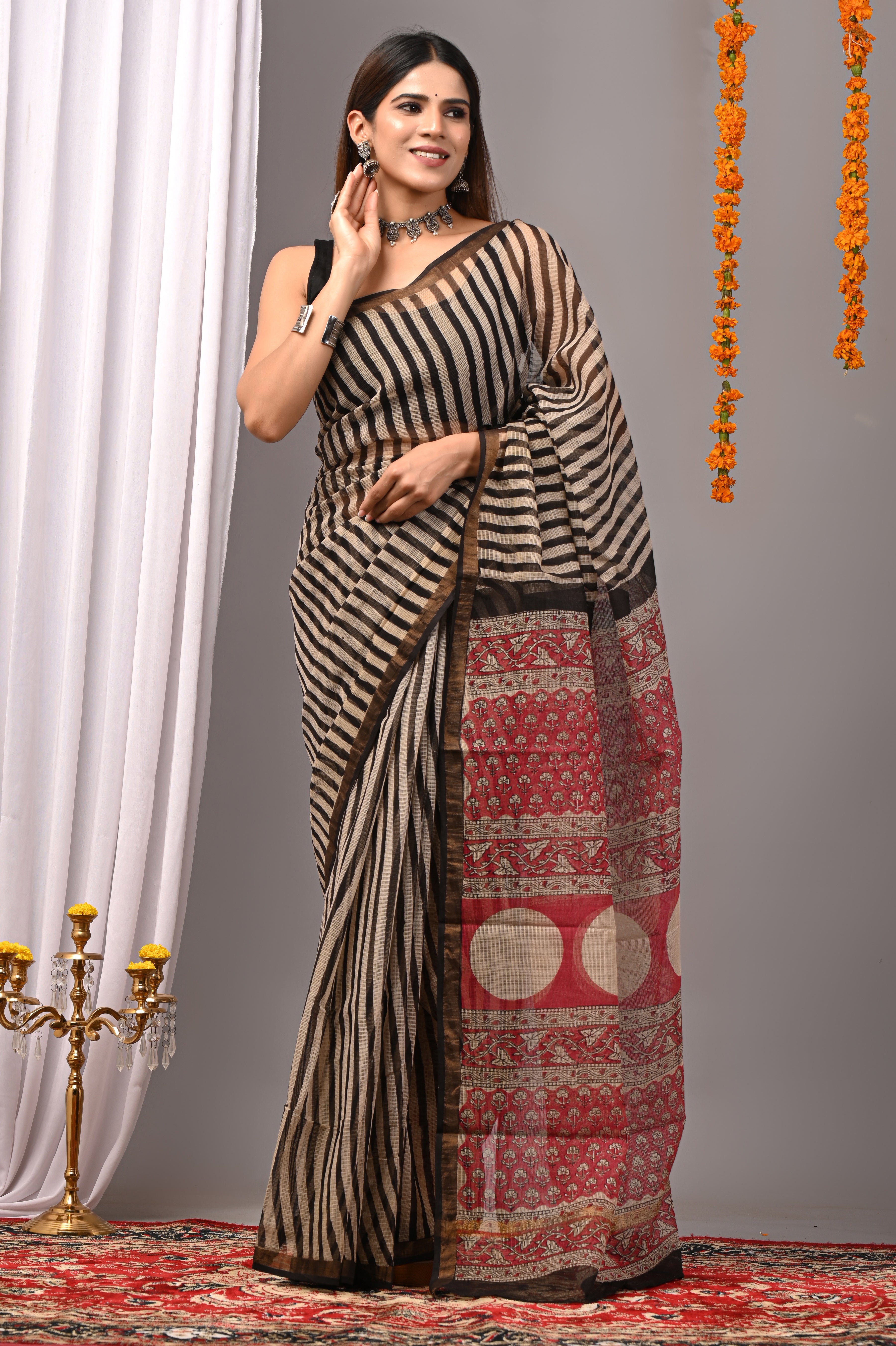 Black & Beige Striped Kota Doria Saree