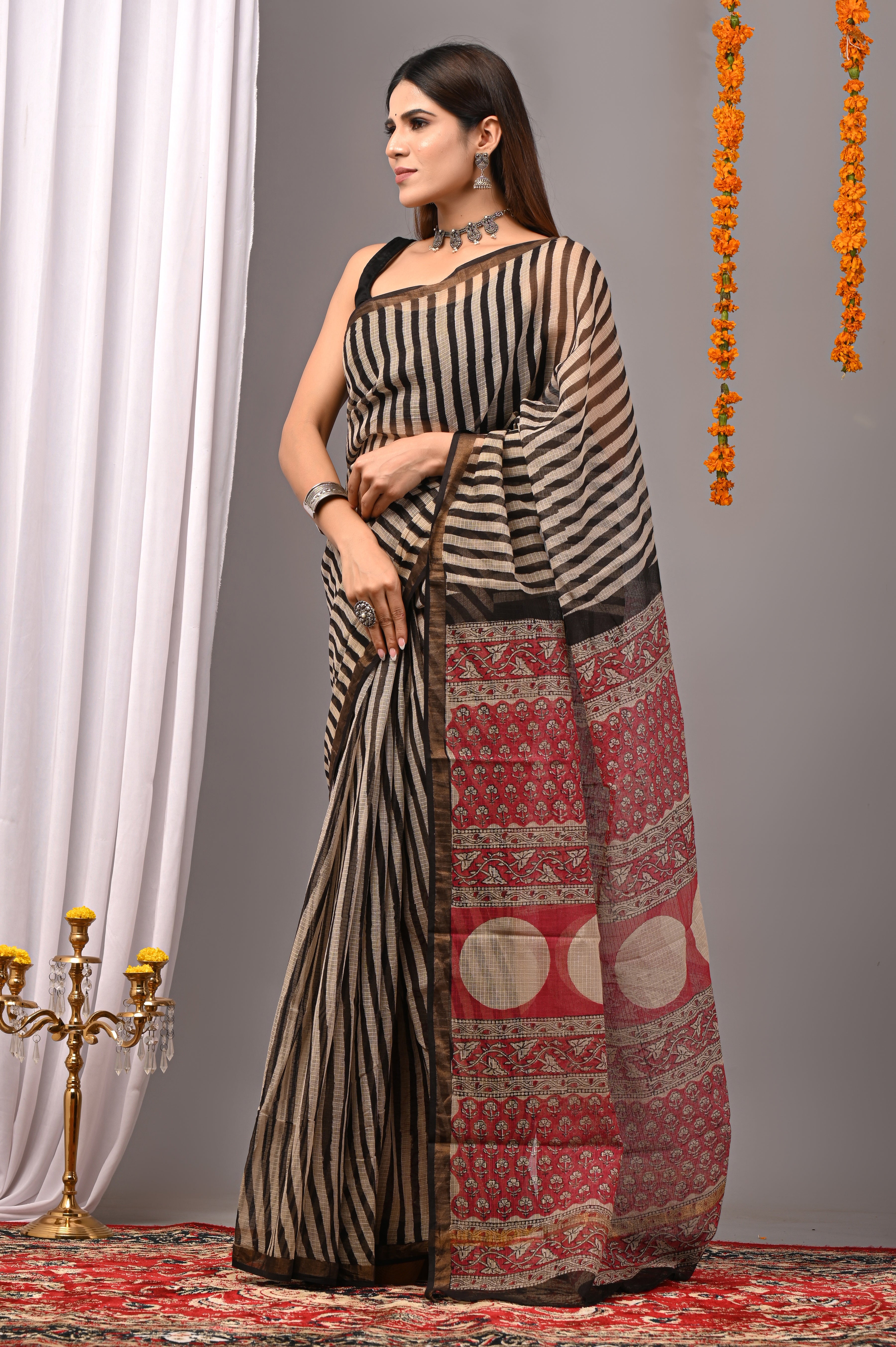 Black & Beige Striped Kota Doria Saree