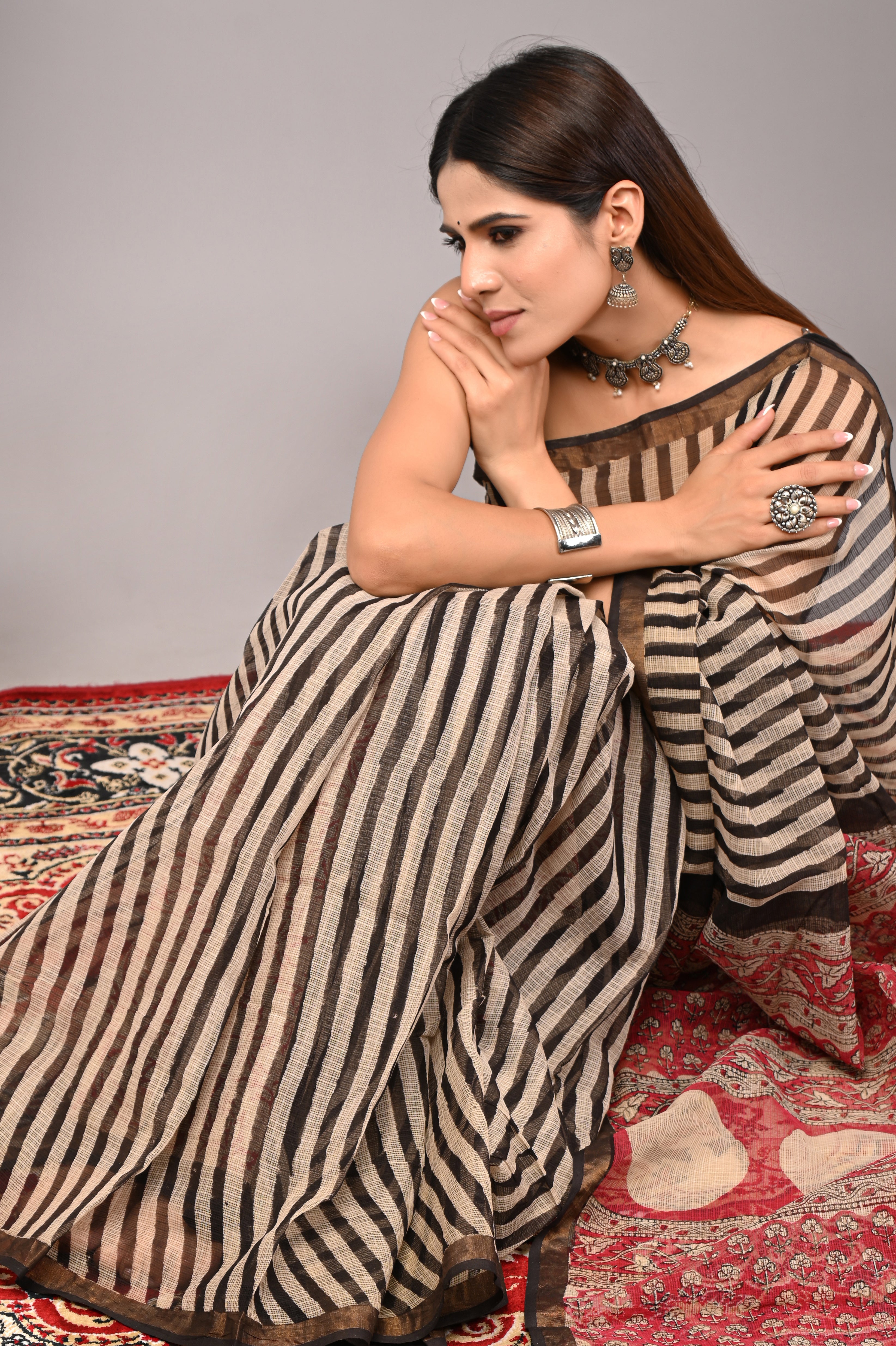 Black & Beige Striped Kota Doria Saree