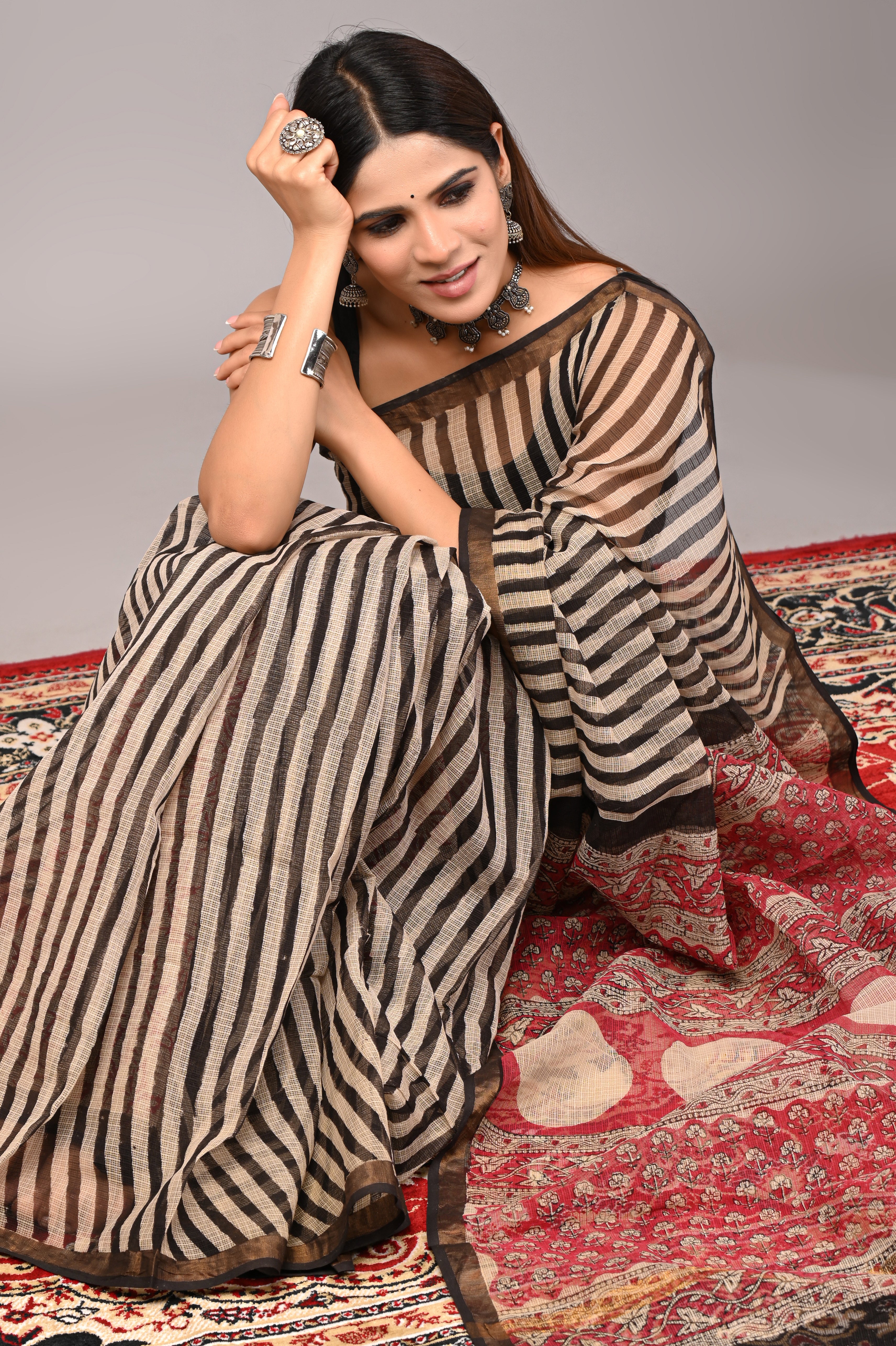 Black & Beige Striped Kota Doria Saree