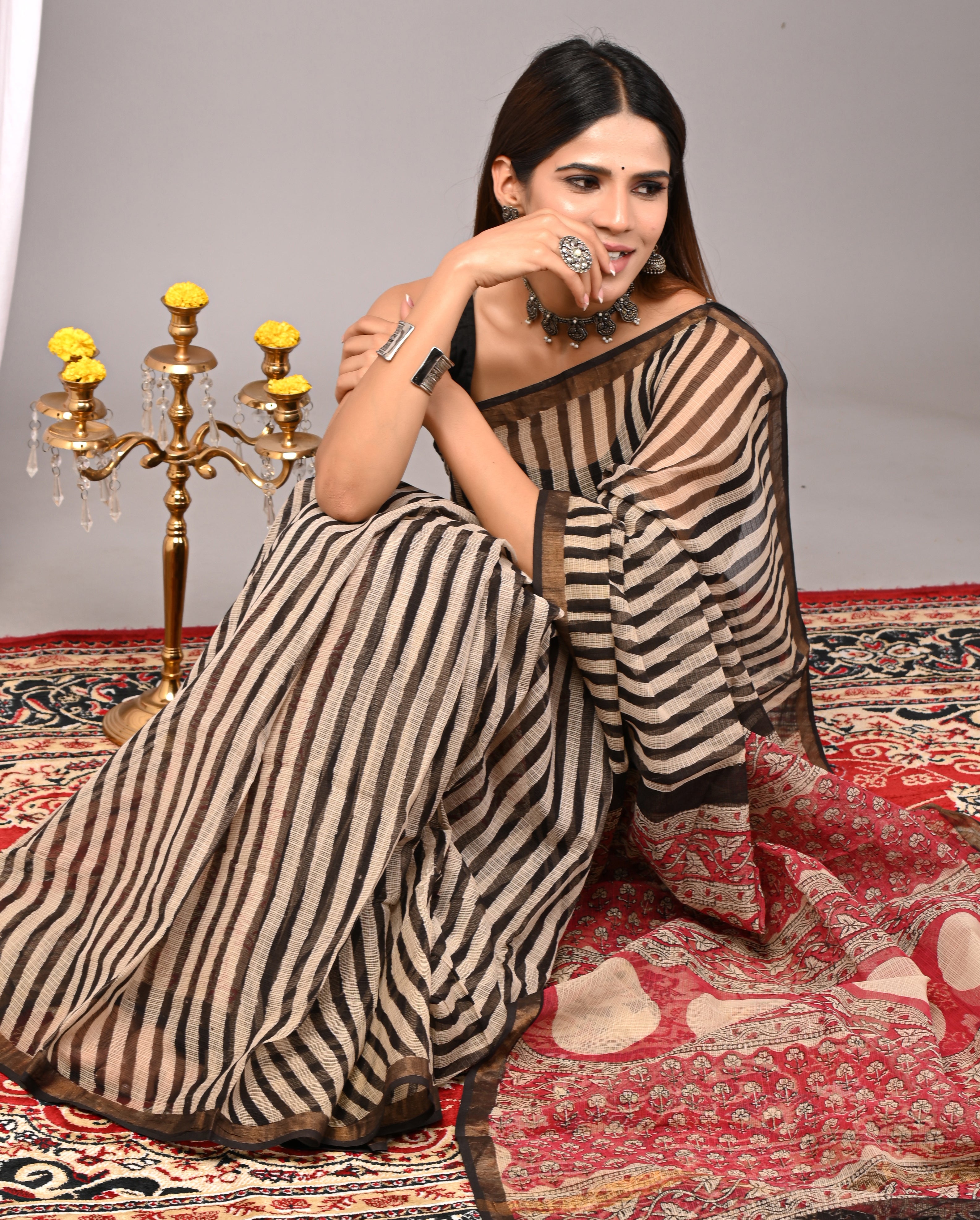 Black & Beige Striped Kota Doria Saree