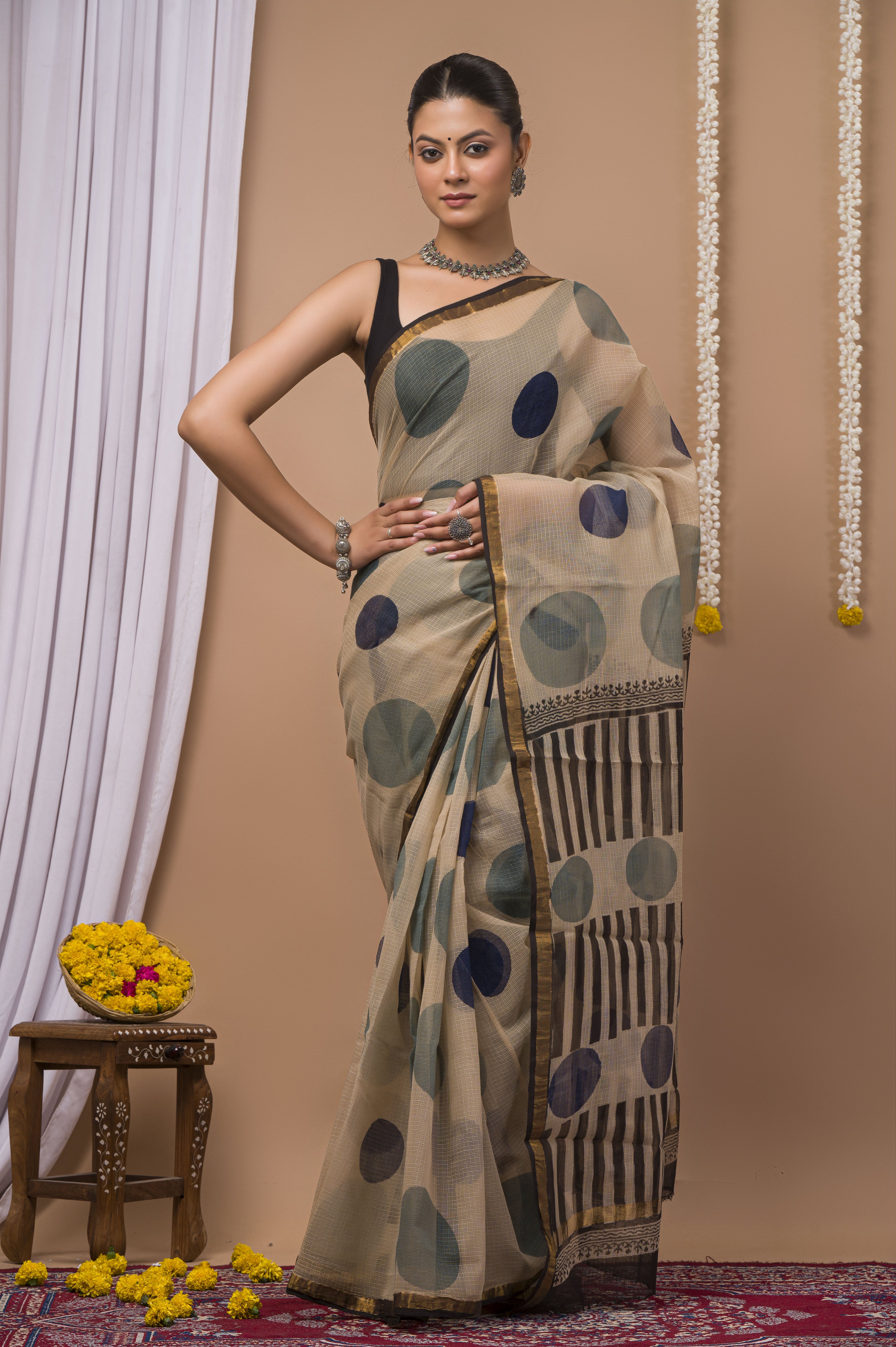 Beige & Navy Geometric Kota Doria Saree