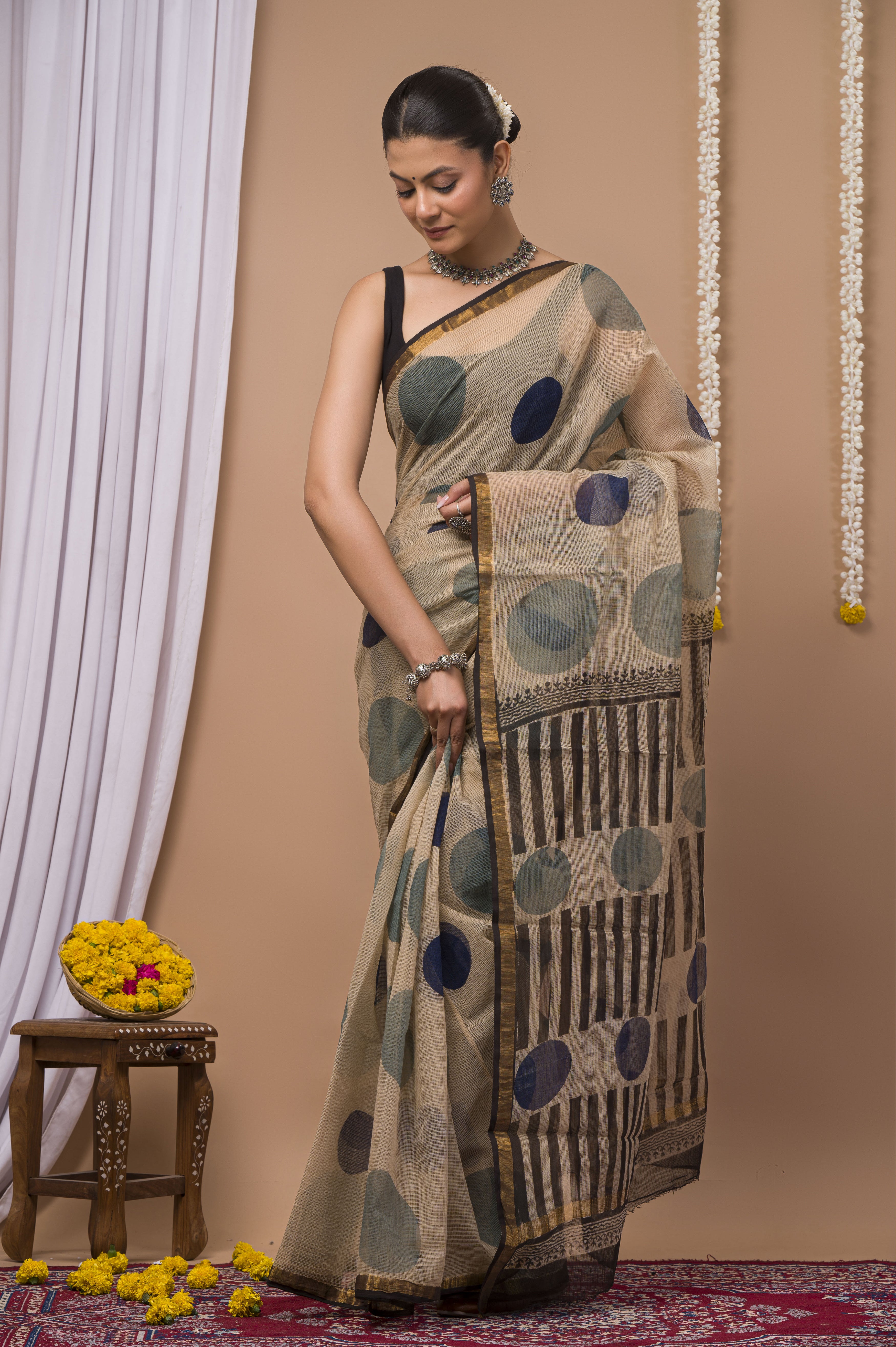 Beige & Navy Geometric Kota Doria Saree