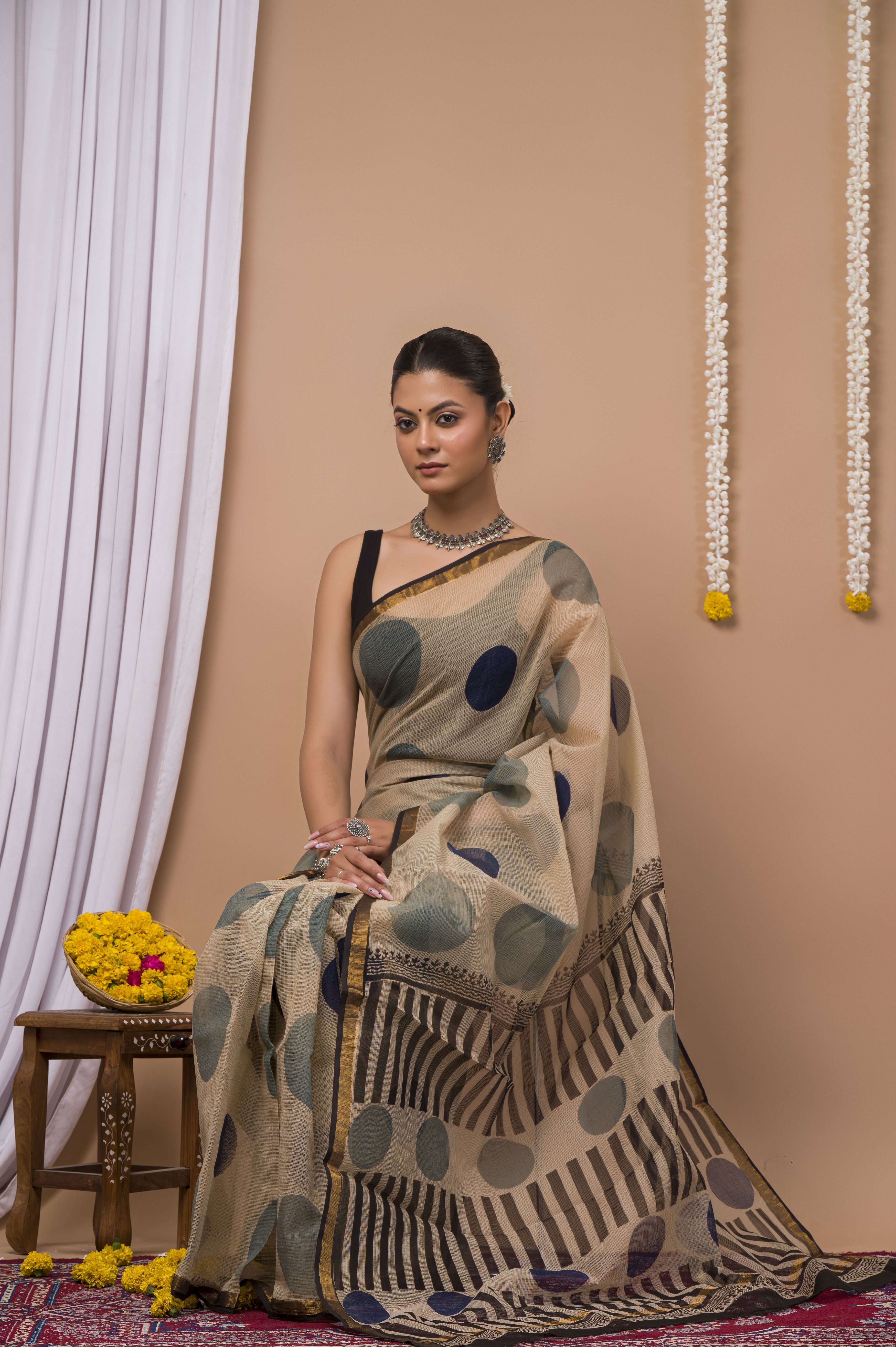 Beige & Navy Geometric Kota Doria Saree