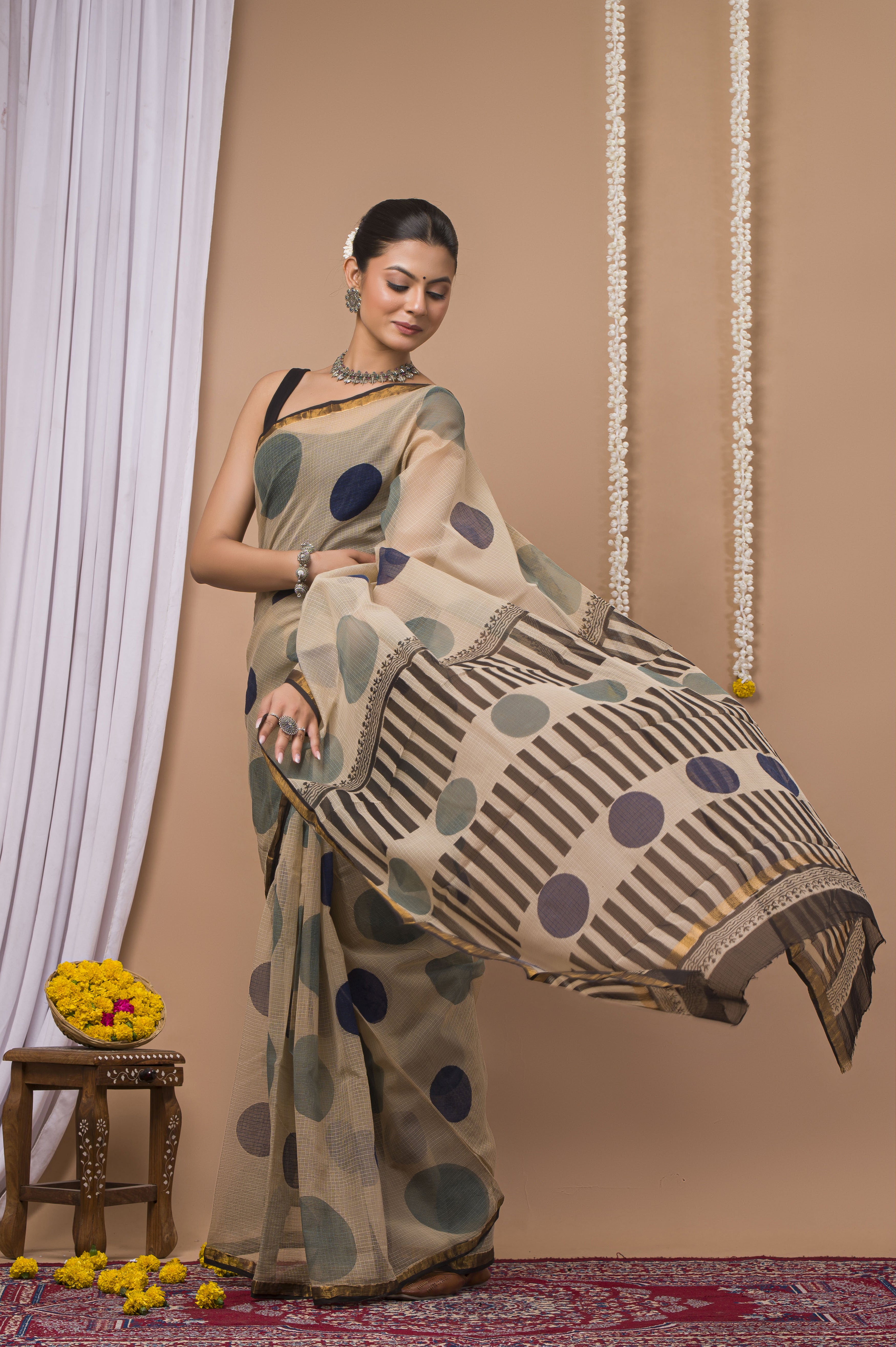 Beige & Navy Geometric Kota Doria Saree