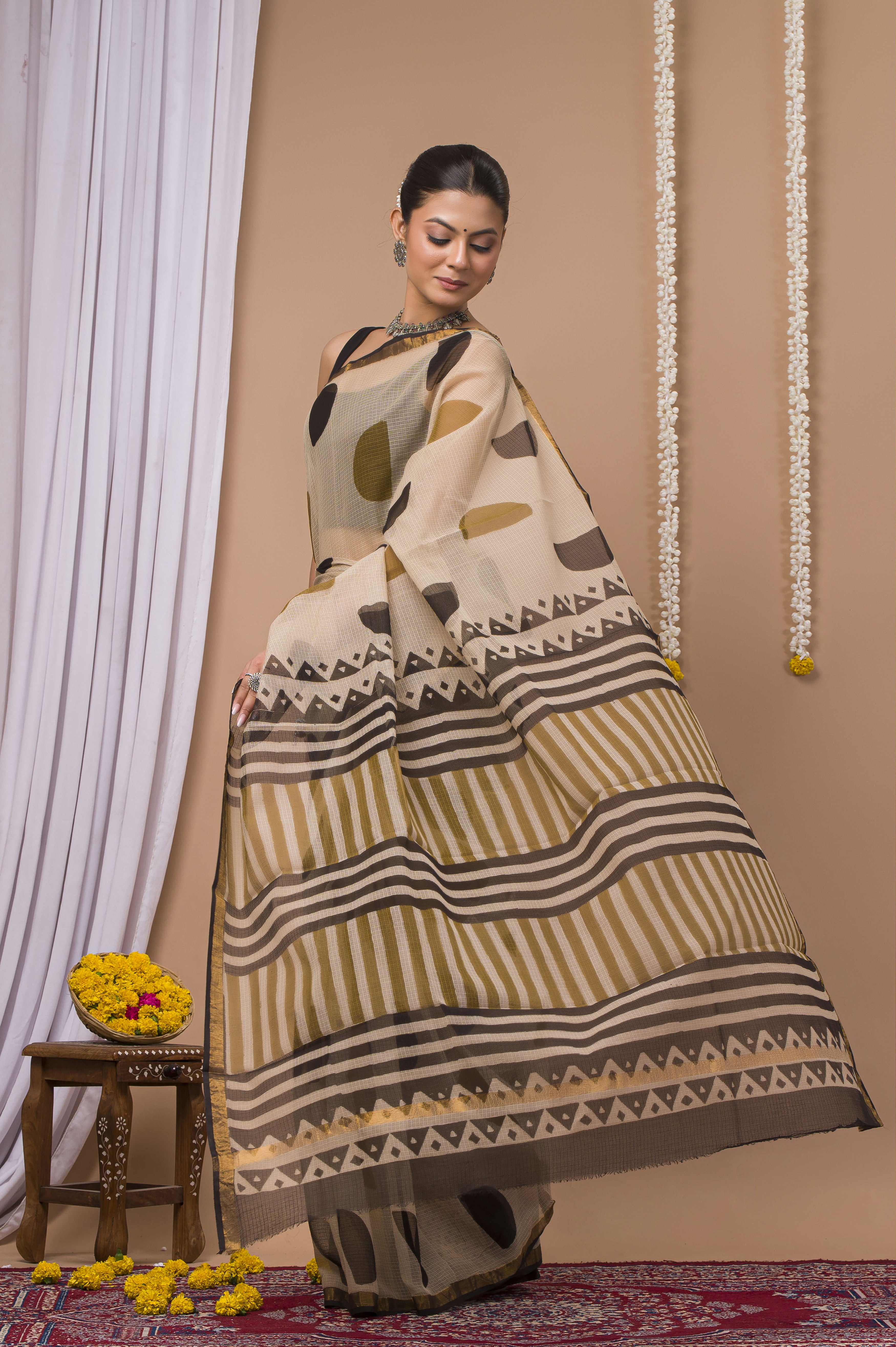 Beige & Navy Geometric Kota Doria Saree