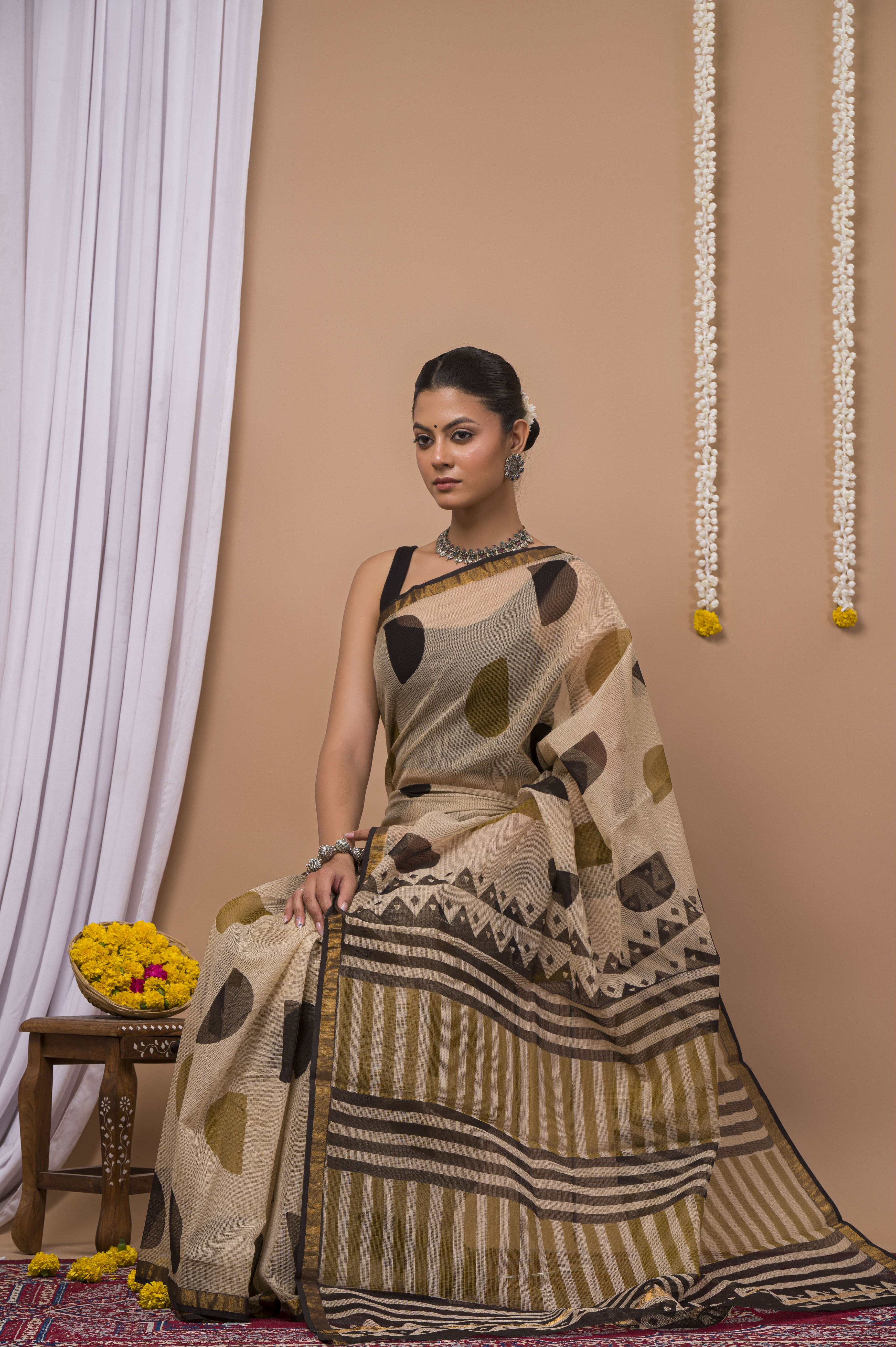 Beige & Navy Geometric Kota Doria Saree