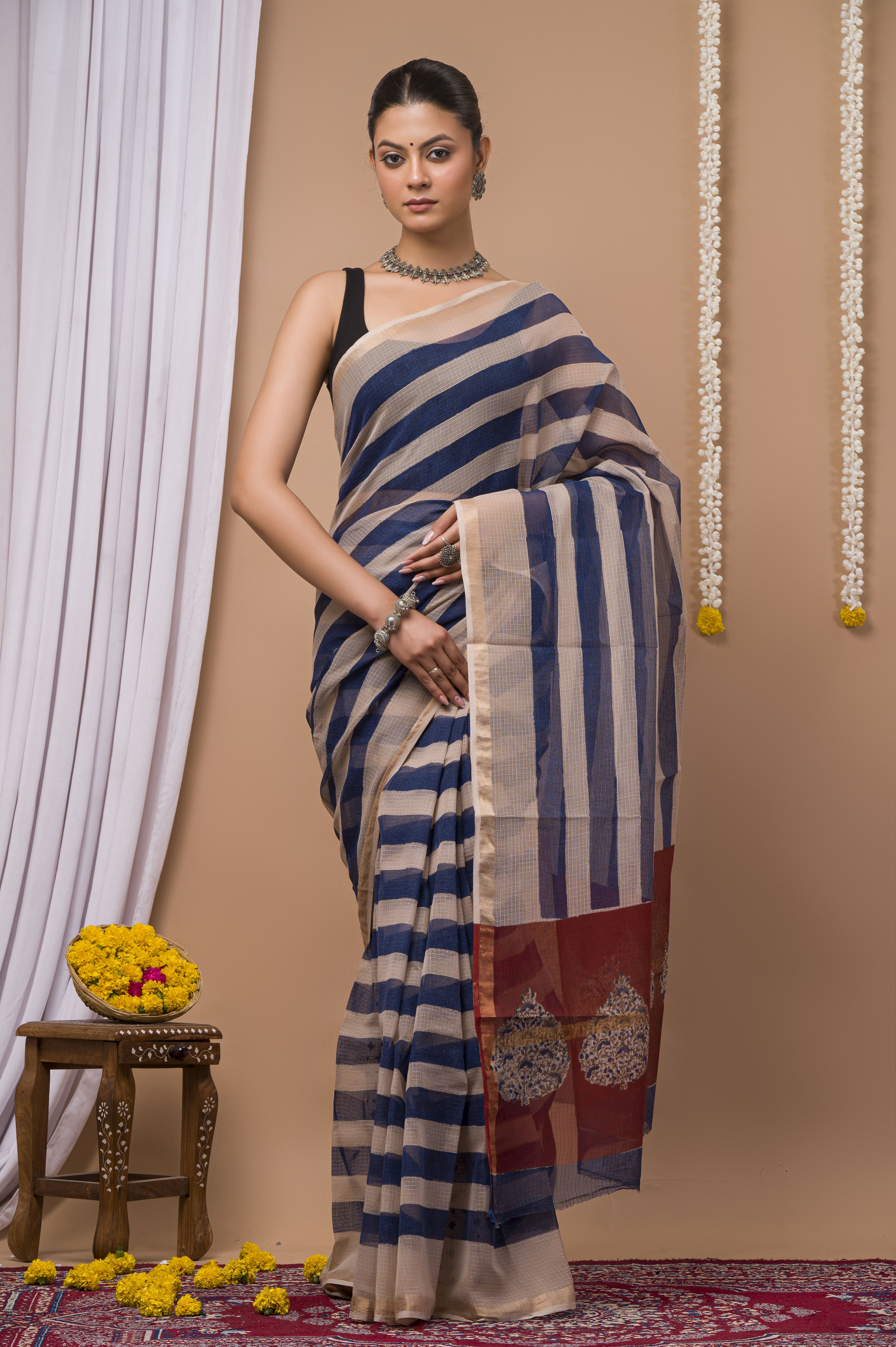 Navy Stripe & Rust Red Kota Doria Saree