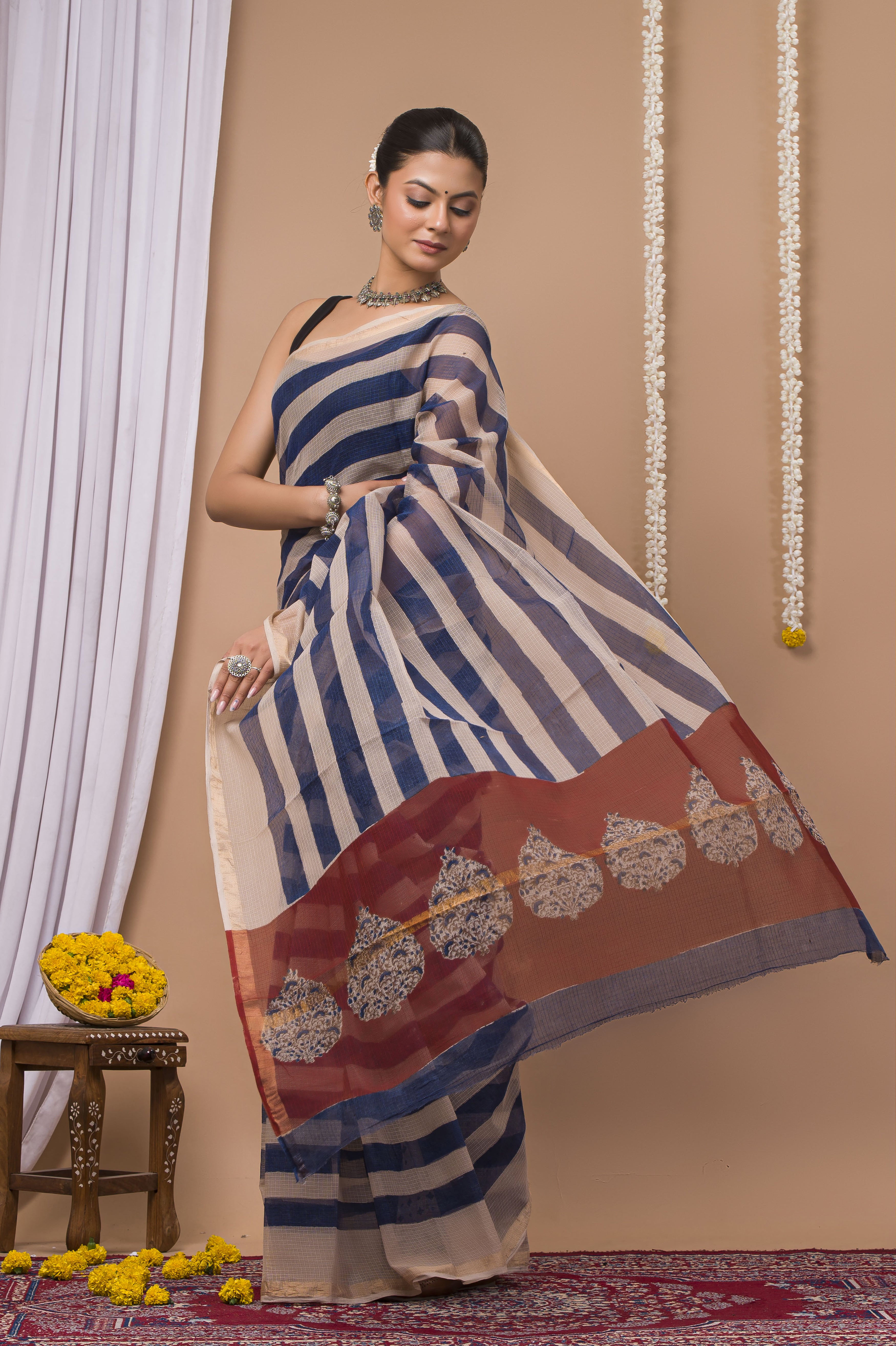 Navy Stripe & Rust Red Kota Doria Saree