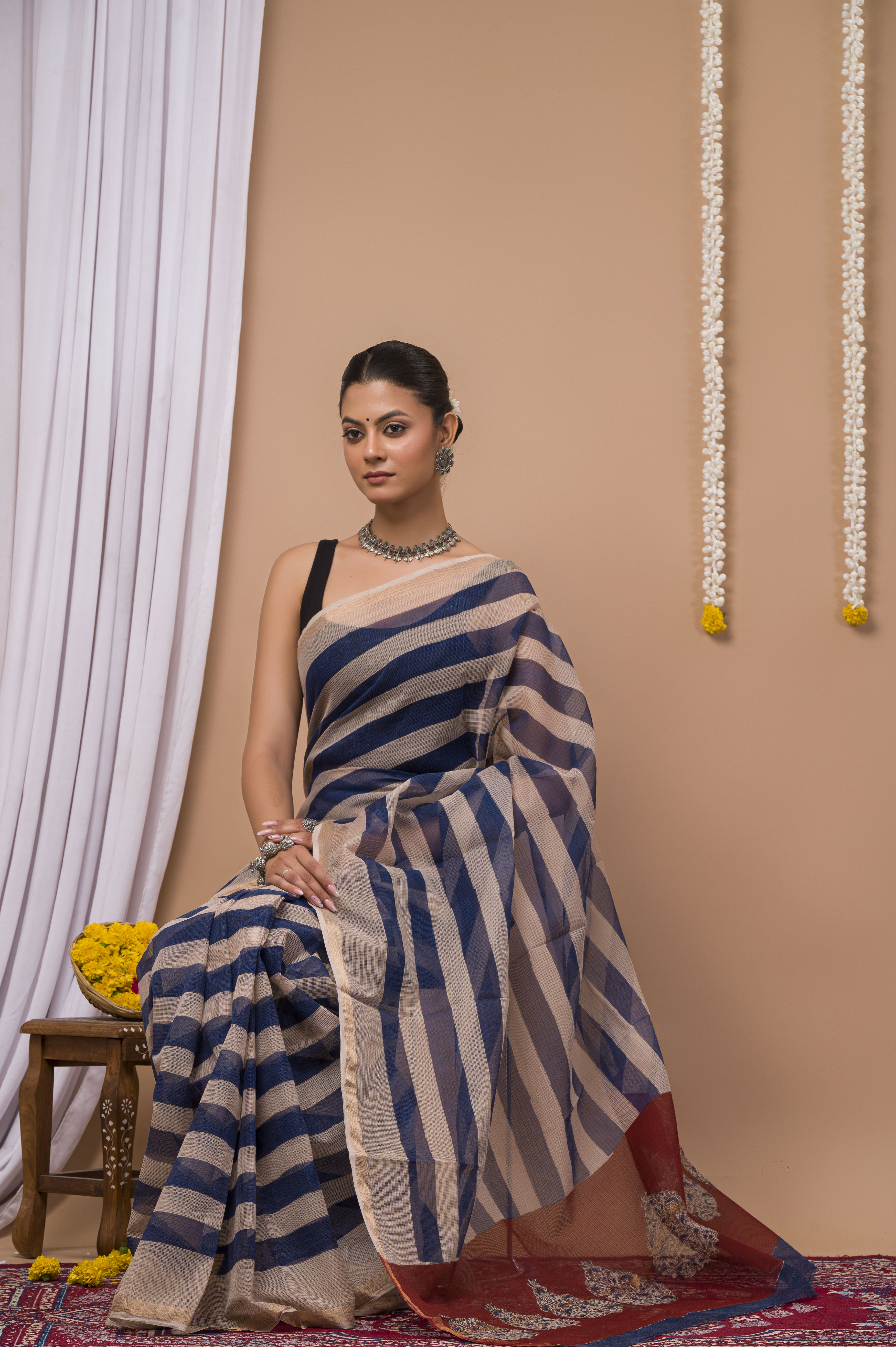 Navy Stripe & Rust Red Kota Doria Saree