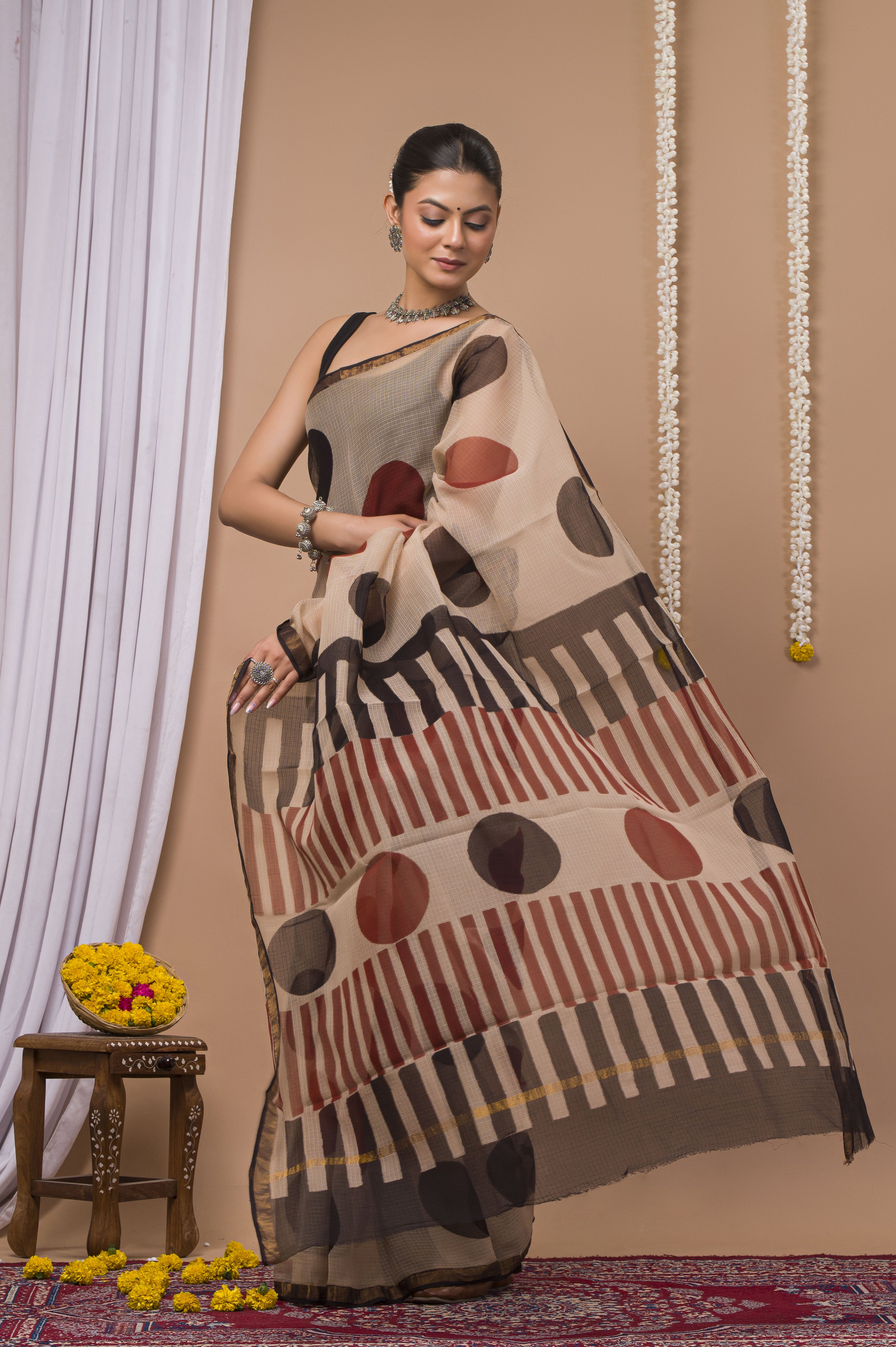 Beige & Brown Geometric Kota Doria Saree