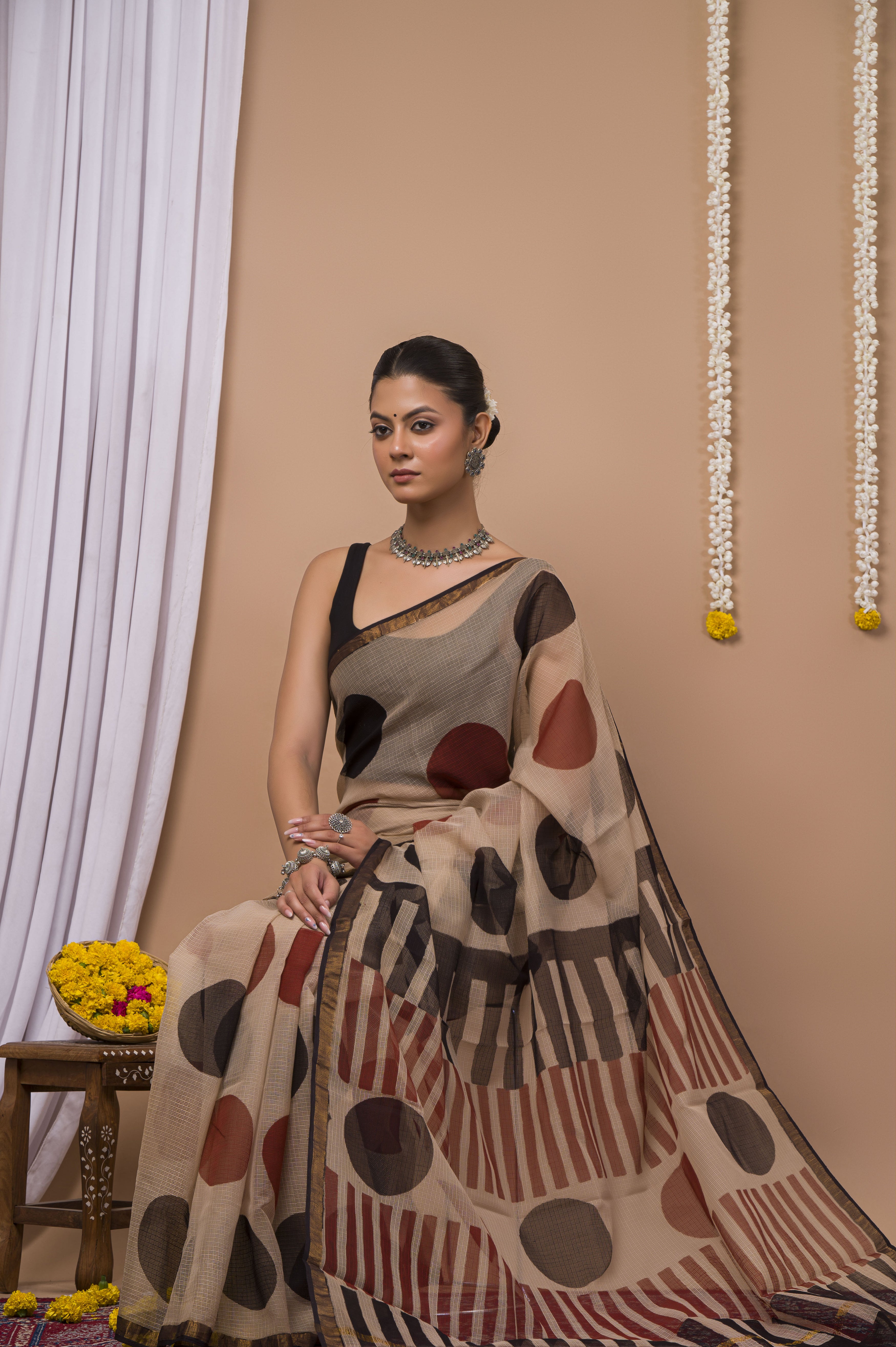 Beige & Brown Geometric Kota Doria Saree