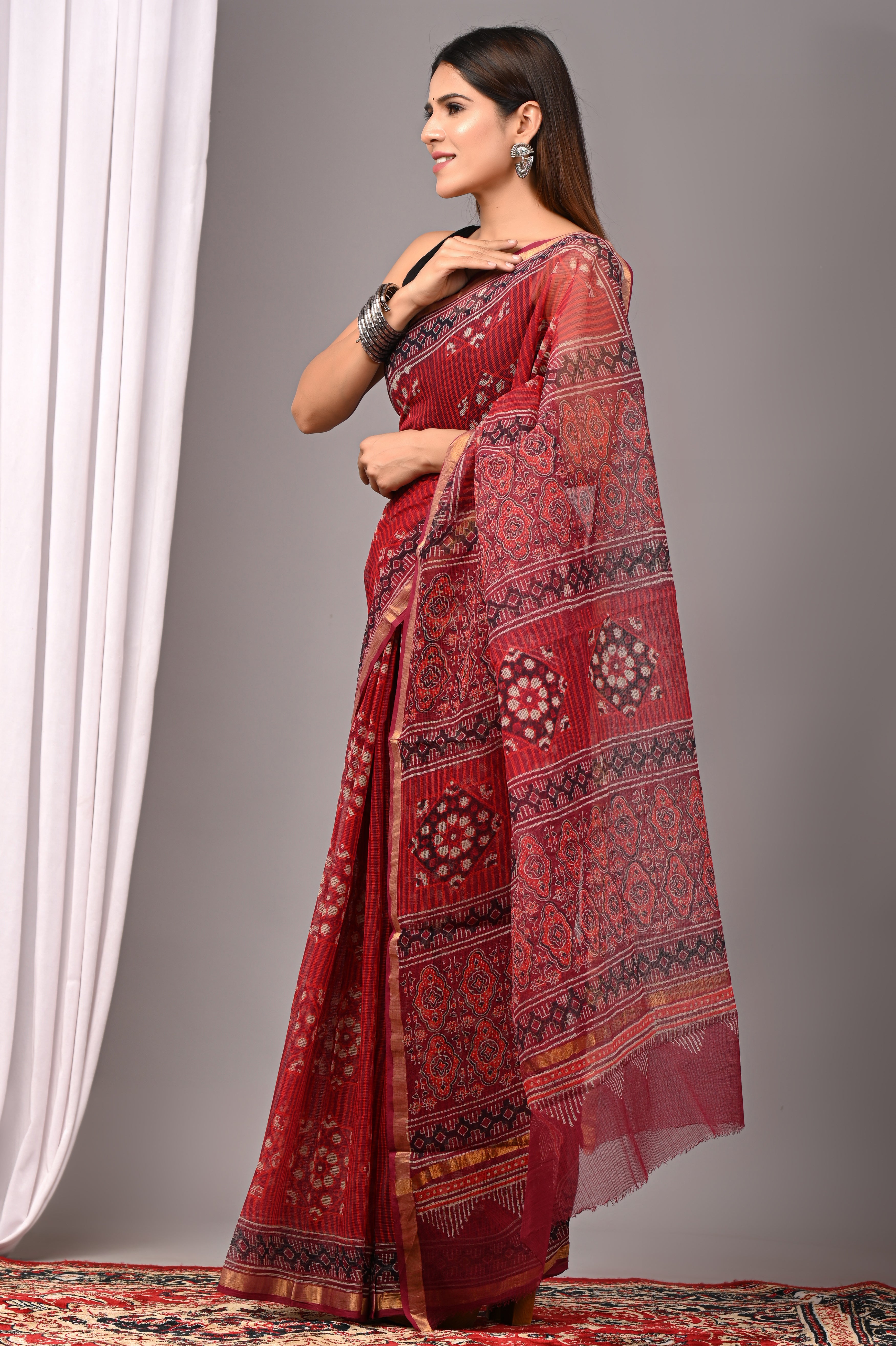 Classic Red Kota Doria Festive Saree