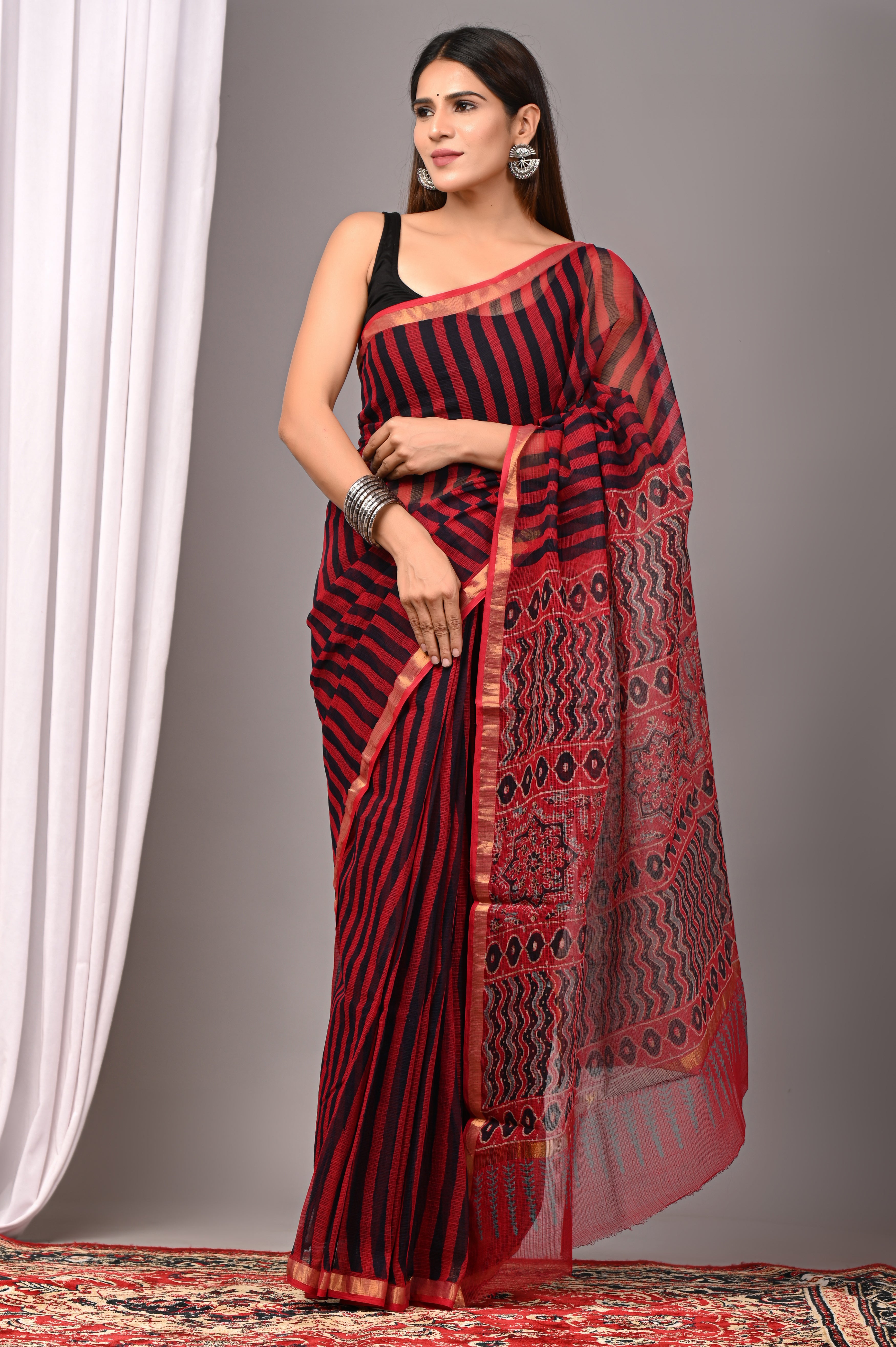Red & Black Striped Kota Doria Saree