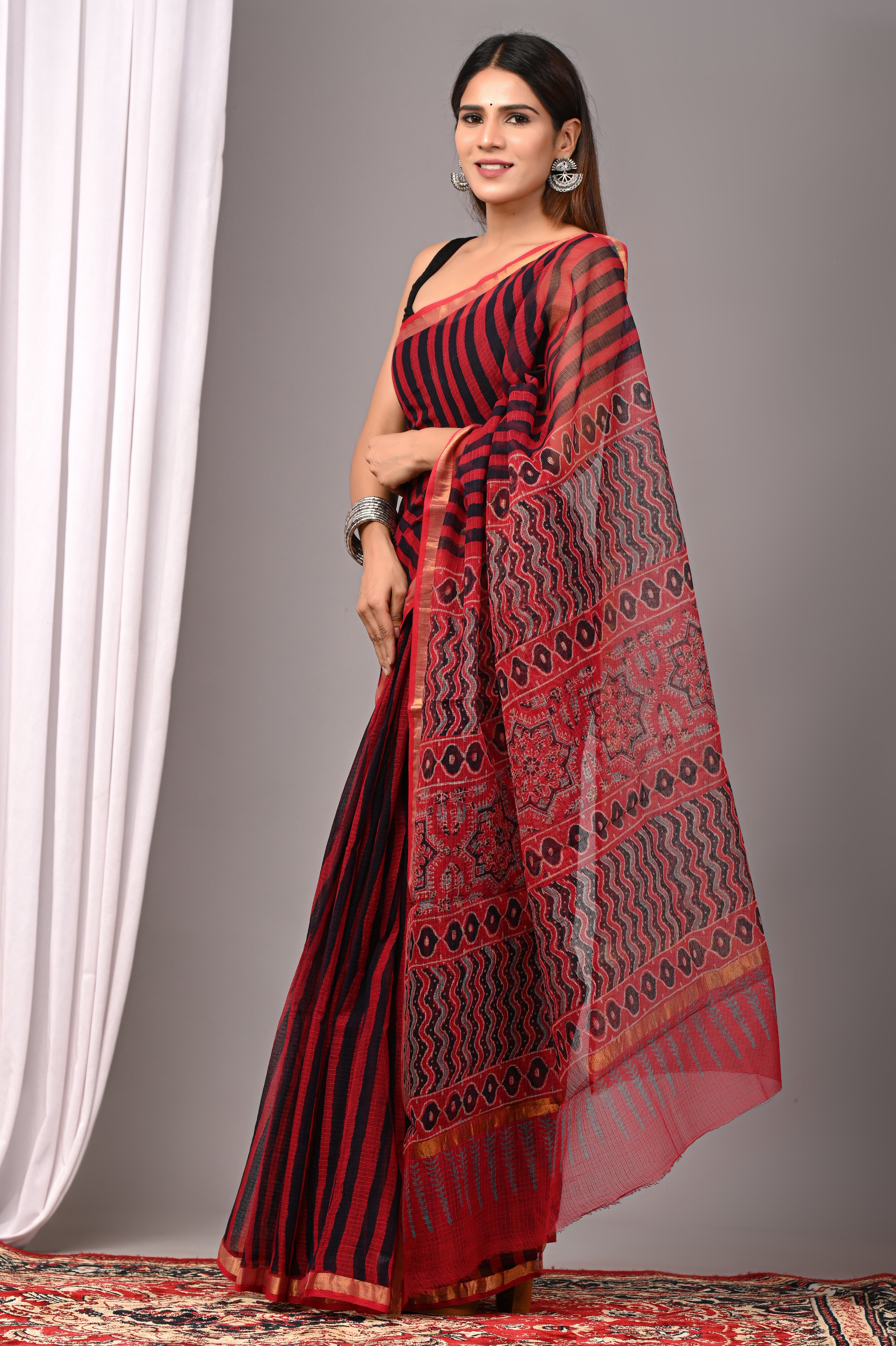 Red & Black Striped Kota Doria Saree