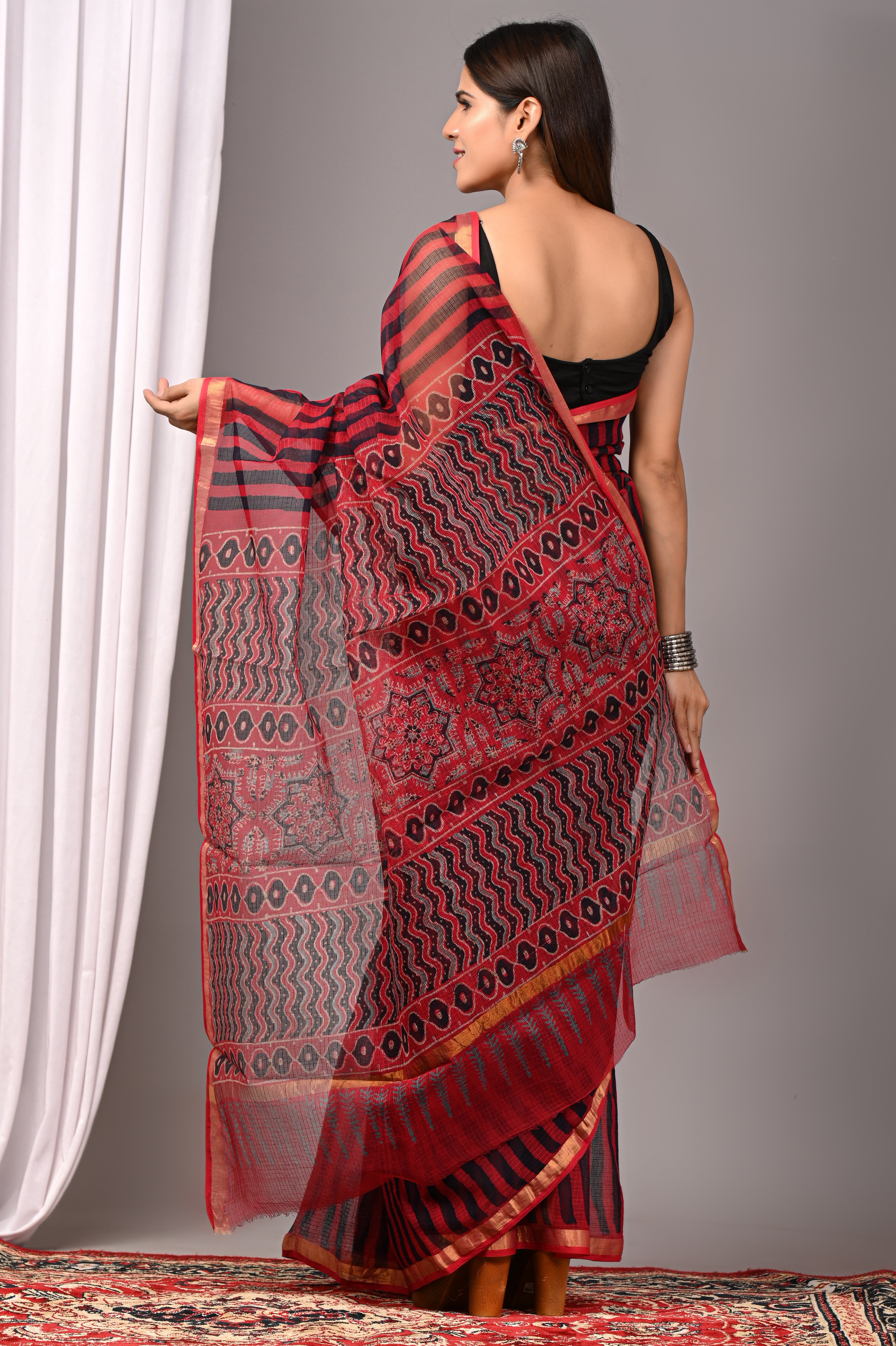 Red & Black Striped Kota Doria Saree