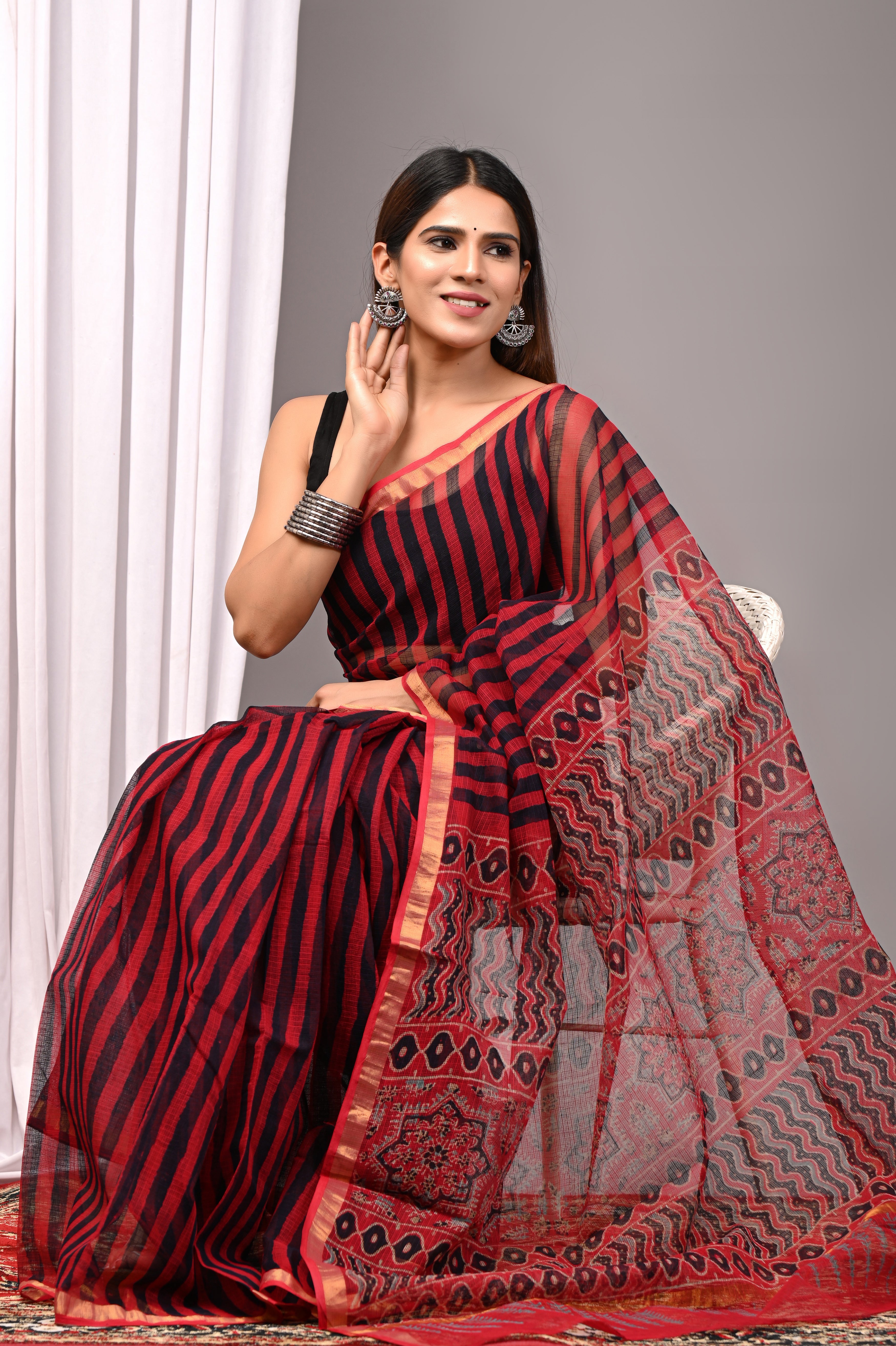 Red & Black Striped Kota Doria Saree